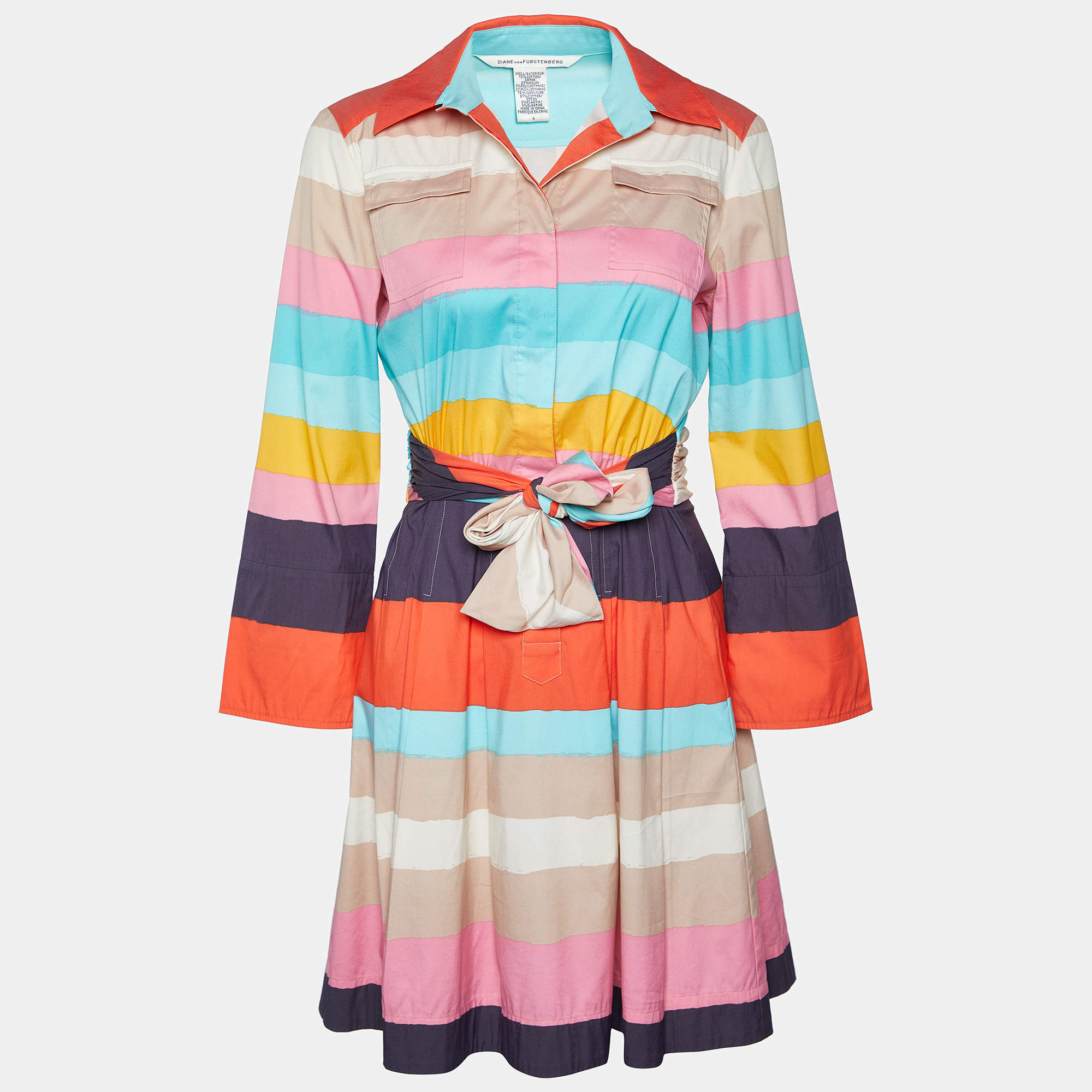 مملوكة مسبقًا Diane Von Furstenberg Multicolor Striped Cotton Belted Midi Dress S