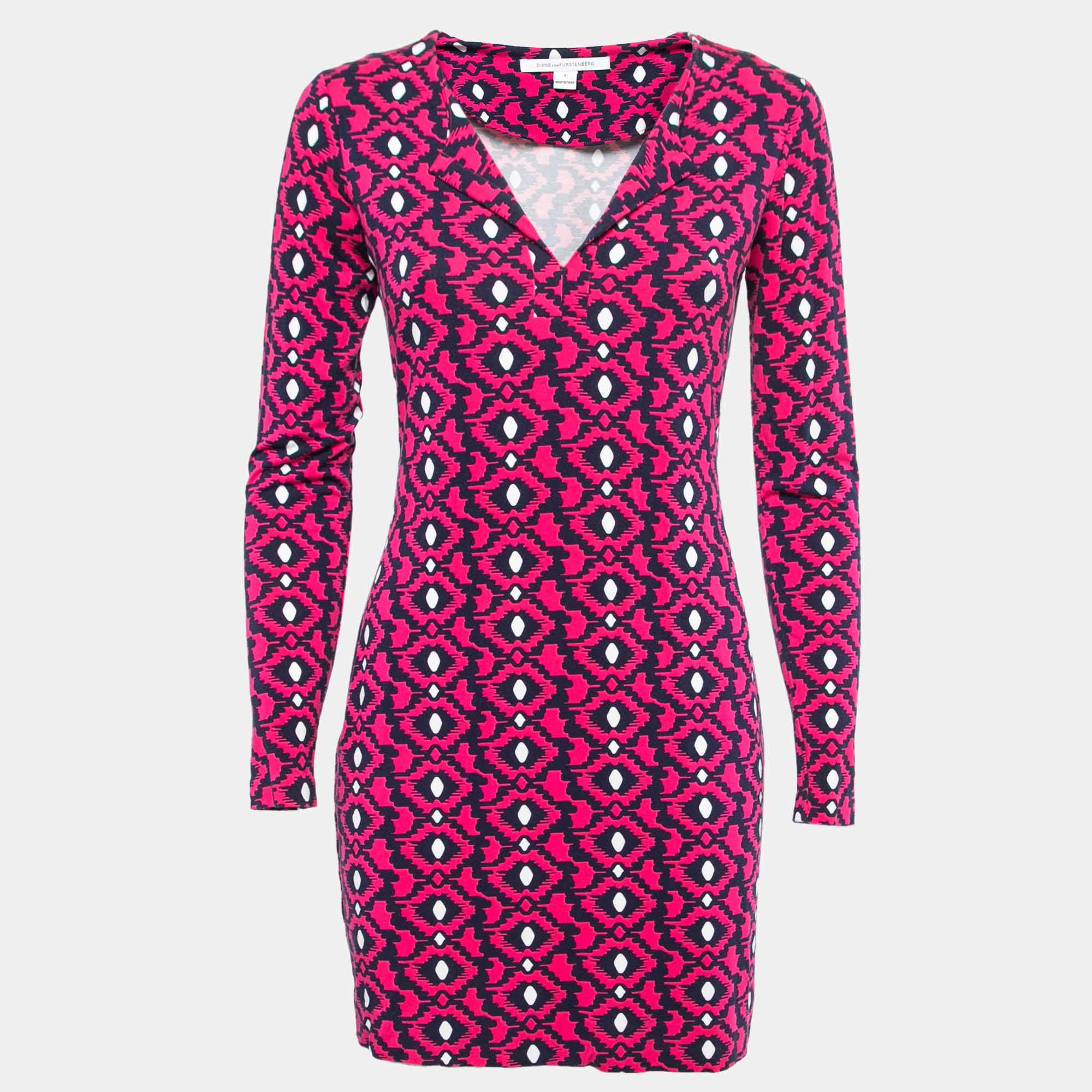 Pre Owned Diane Von Furstenberg Pink/navy Blue Printed Knit Full Sleeve Mini Dress S