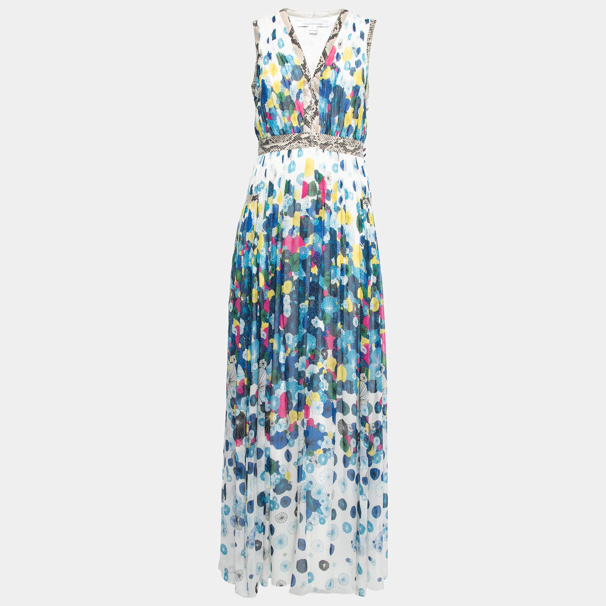 Pre Owned Diane Von Furstenberg Multicolor Printed Silk Chiffon Gathered Sleeveless Maxi Dress M