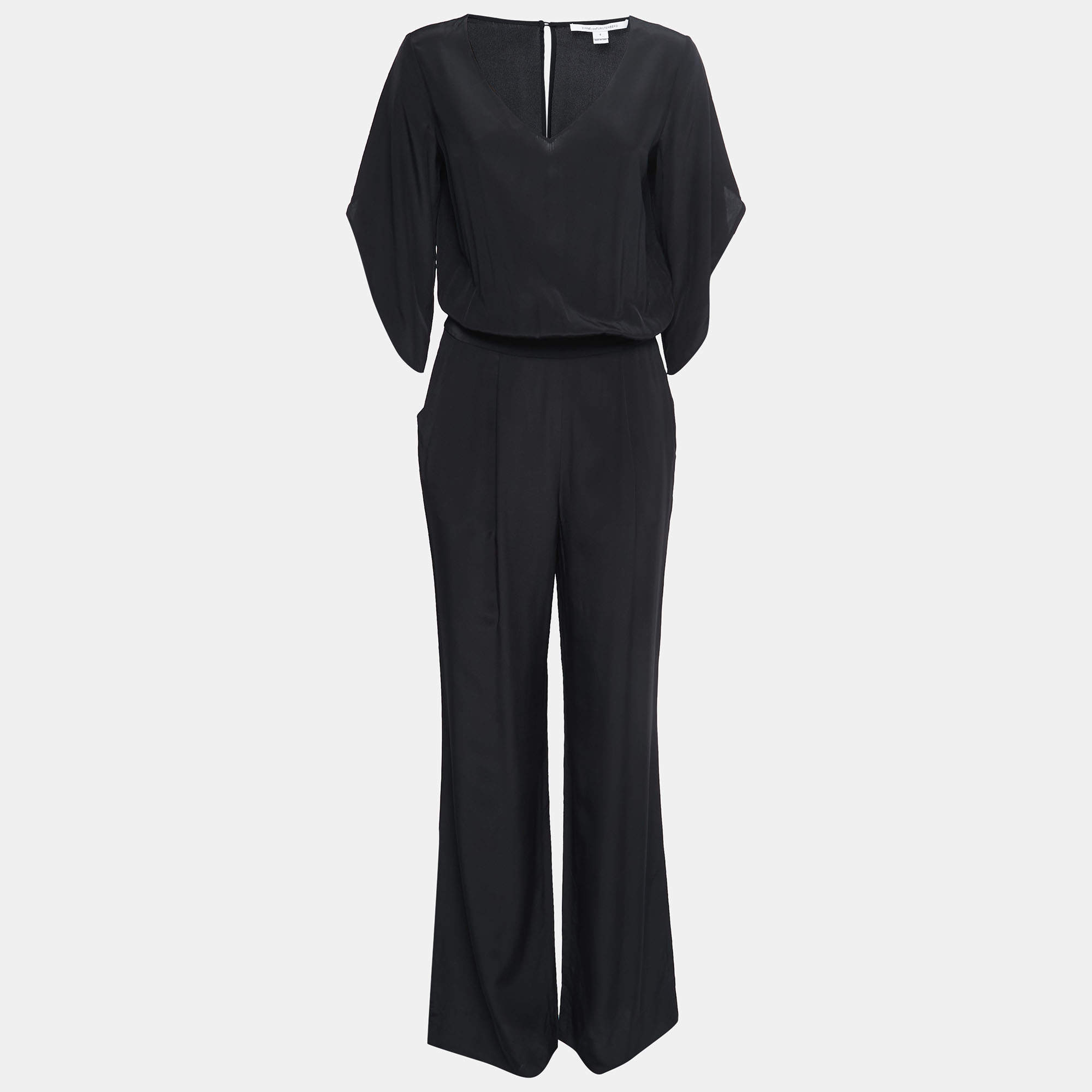 Diane Von Furstenberg Black Silk Half Cape Sleeve Jumpsuit M