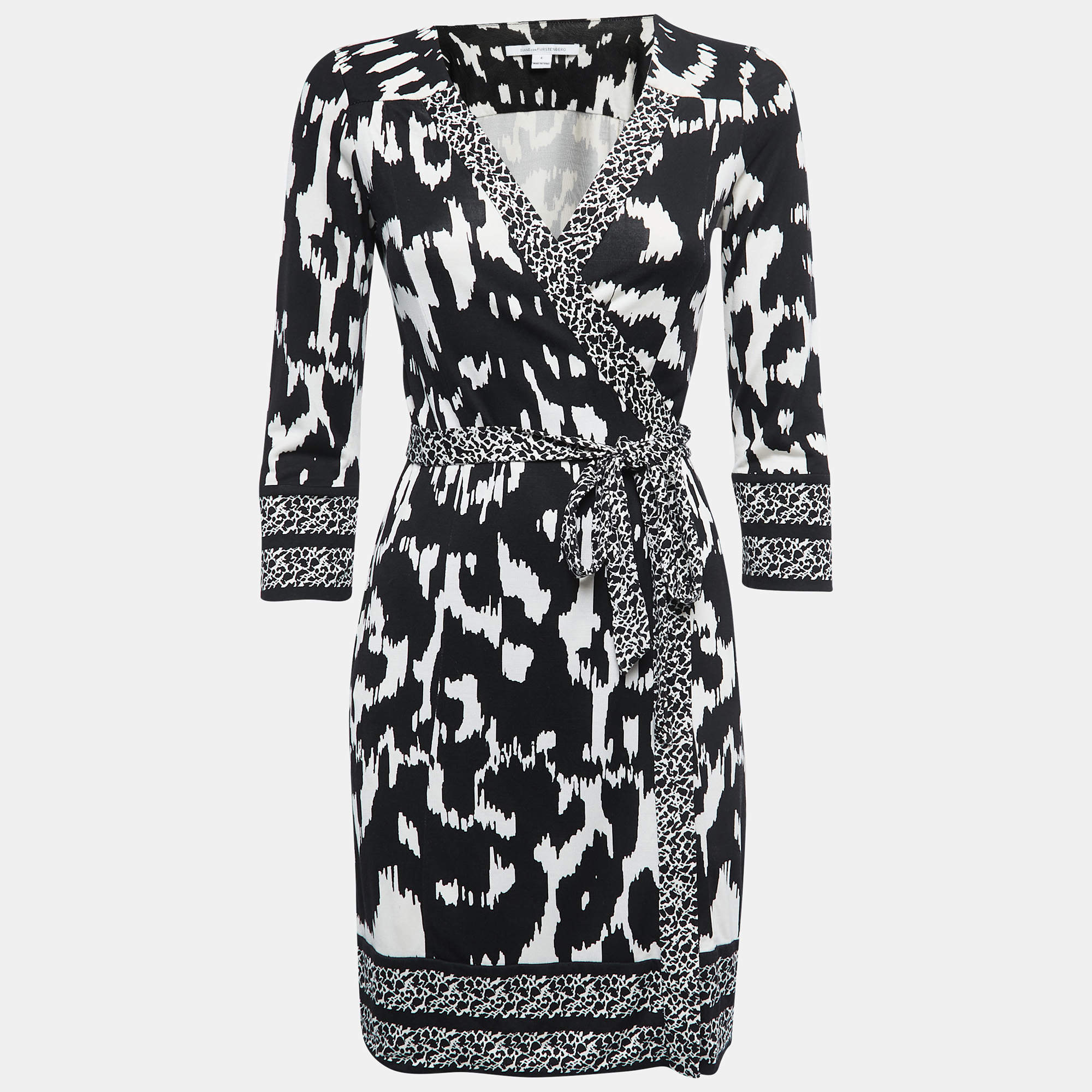 Pre Owned Diane Von Furstenberg Black Printed Silk Knit Tallulah Wrap Mini Dress M