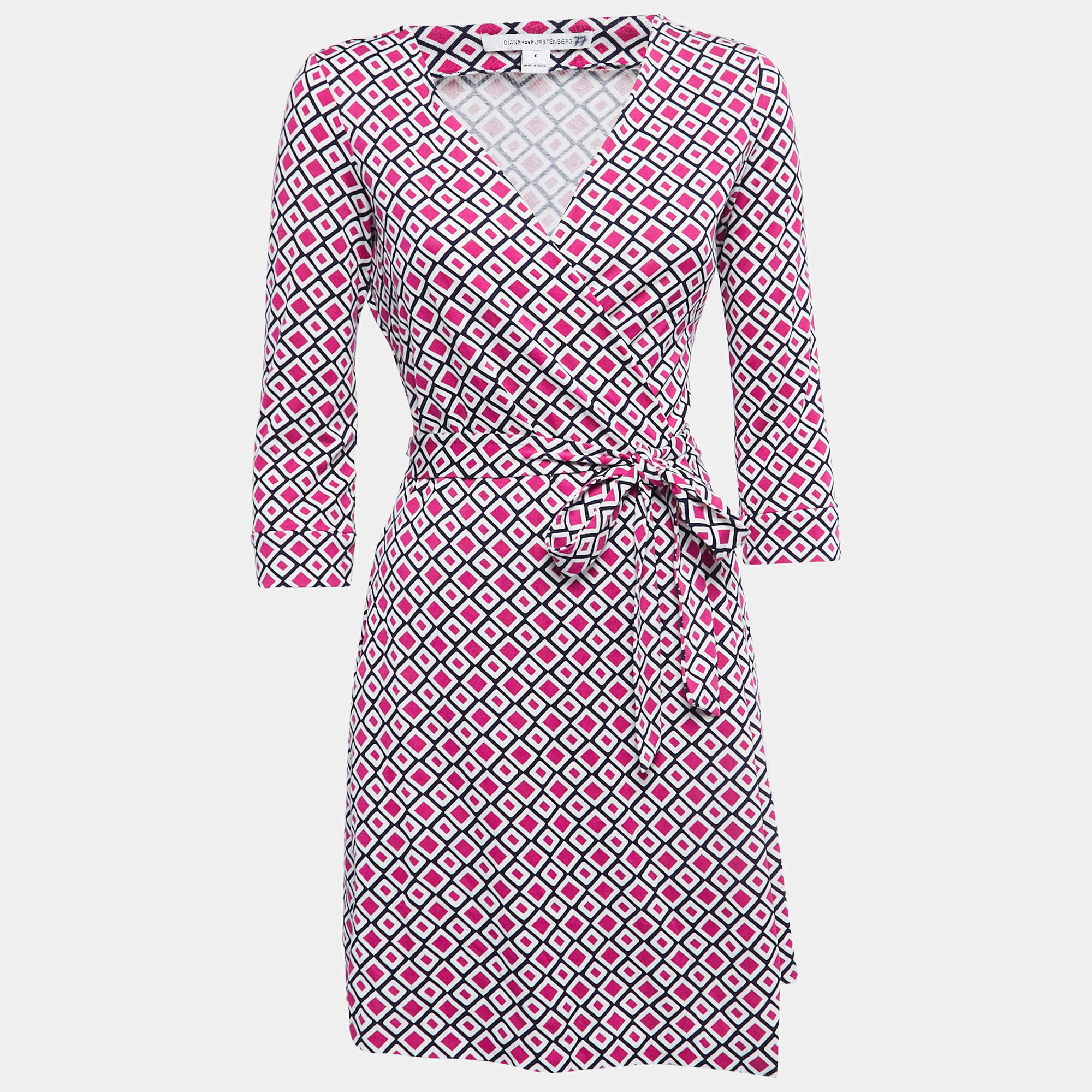 Pre Owned Diane Von Furstenberg Pink Printed Cotton & Silk Mini Wrap Dress M