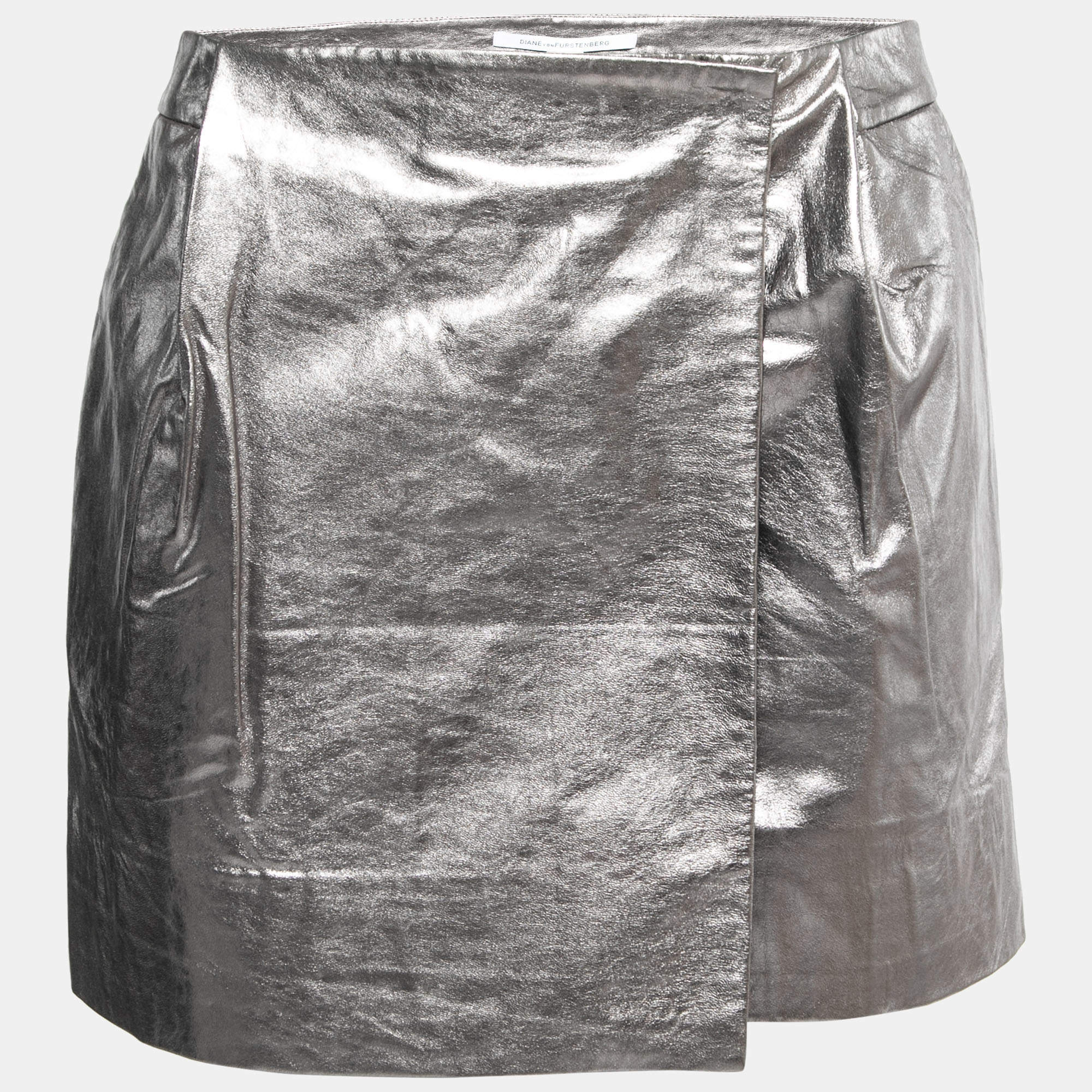Pre Owned Diane Von Furstenberg Silver Leather Mini Skirt M