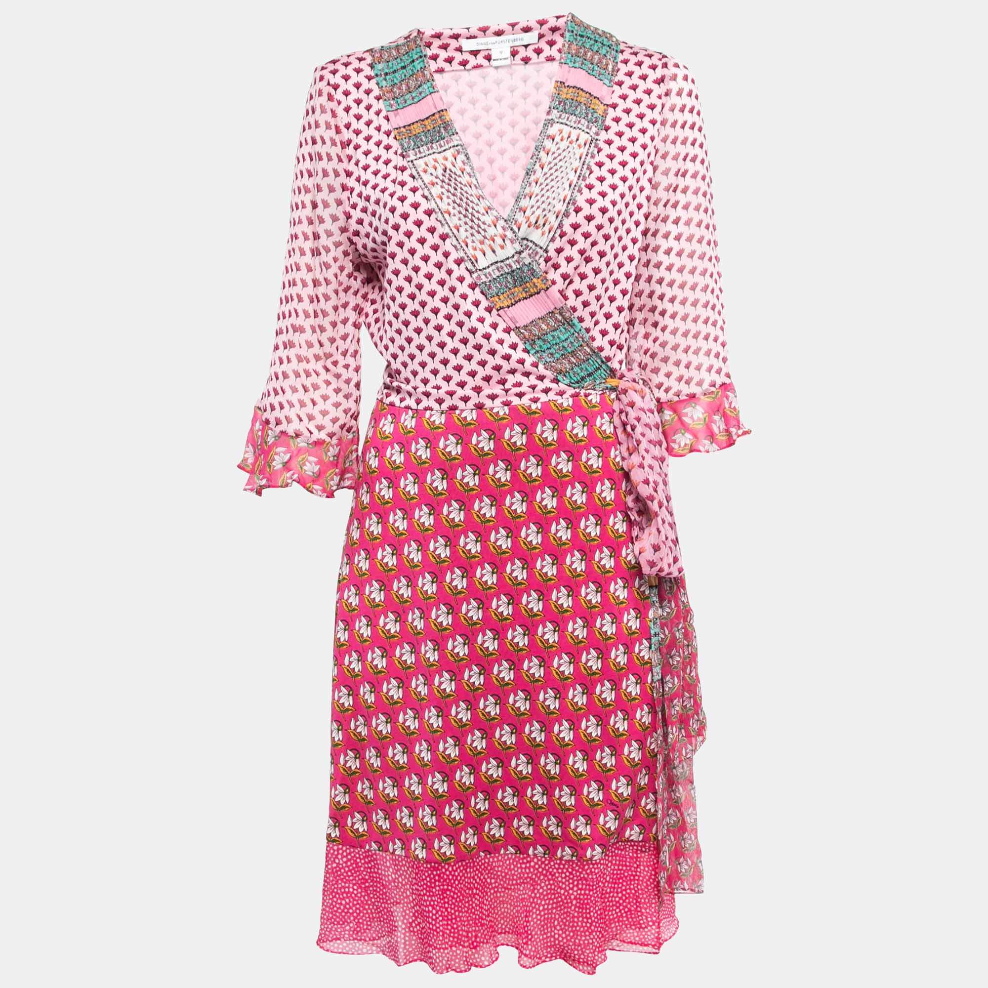 Pre Owned Diane Von Furstenberg Pink Floral Print Silk Wrap On Midi Dress L