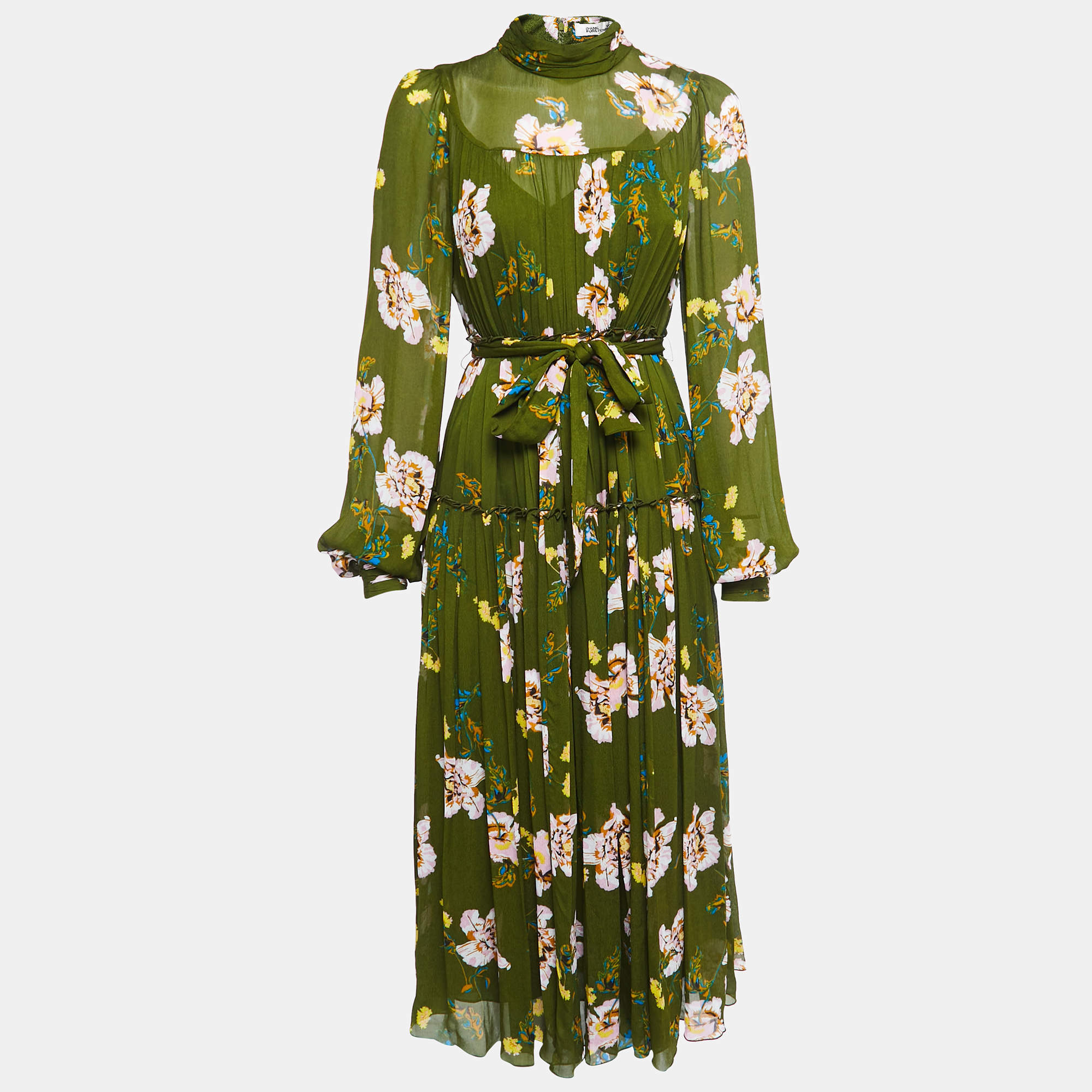 Pre Owned Diane Von Furstenberg Green Floral Print Crepe High Neck Tiered Midi Dress S