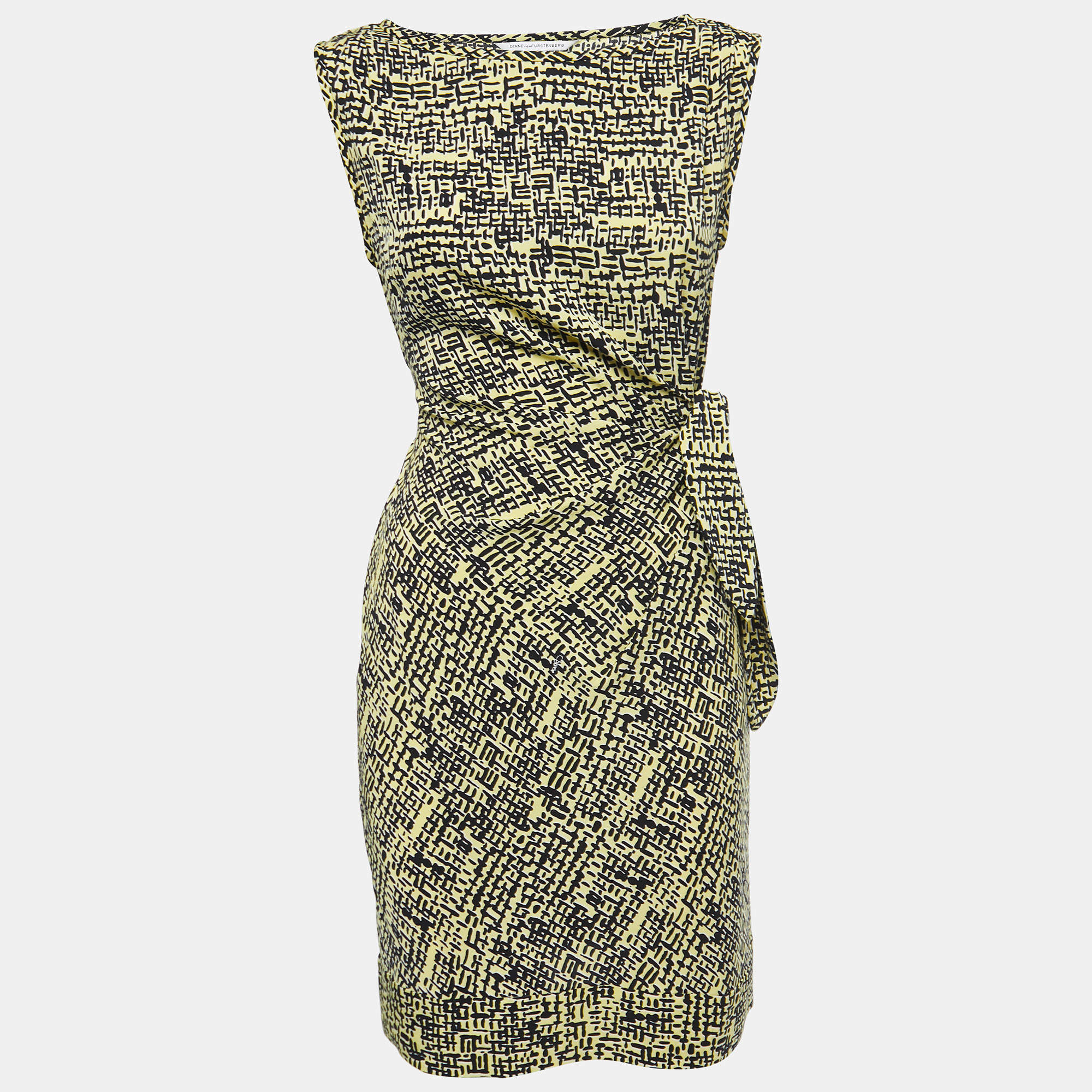 Pre Owned Diane Von Furstenberg Yellow Printed Silk Draped Sleeveless Short Dress S