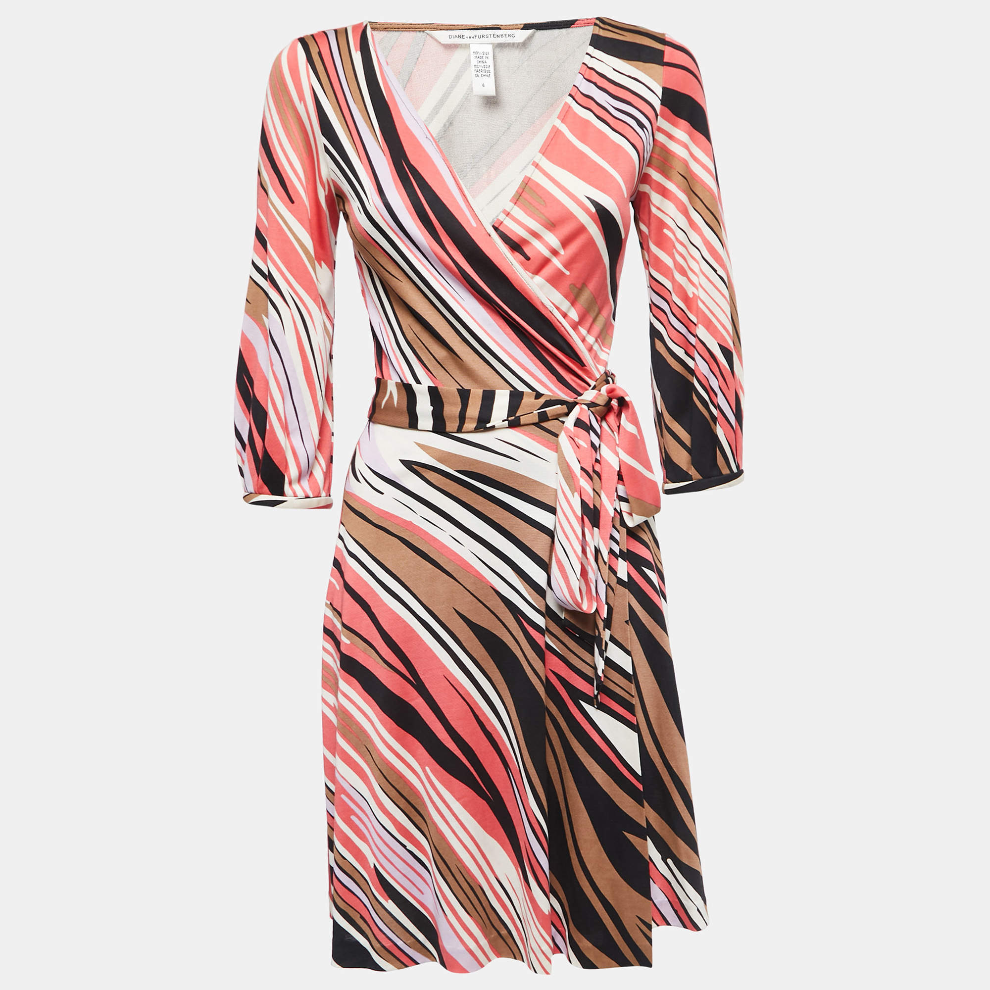Pre Owned Diane Von Furstenberg Multicolor Printed Silk Knit Short Wrap Dress S