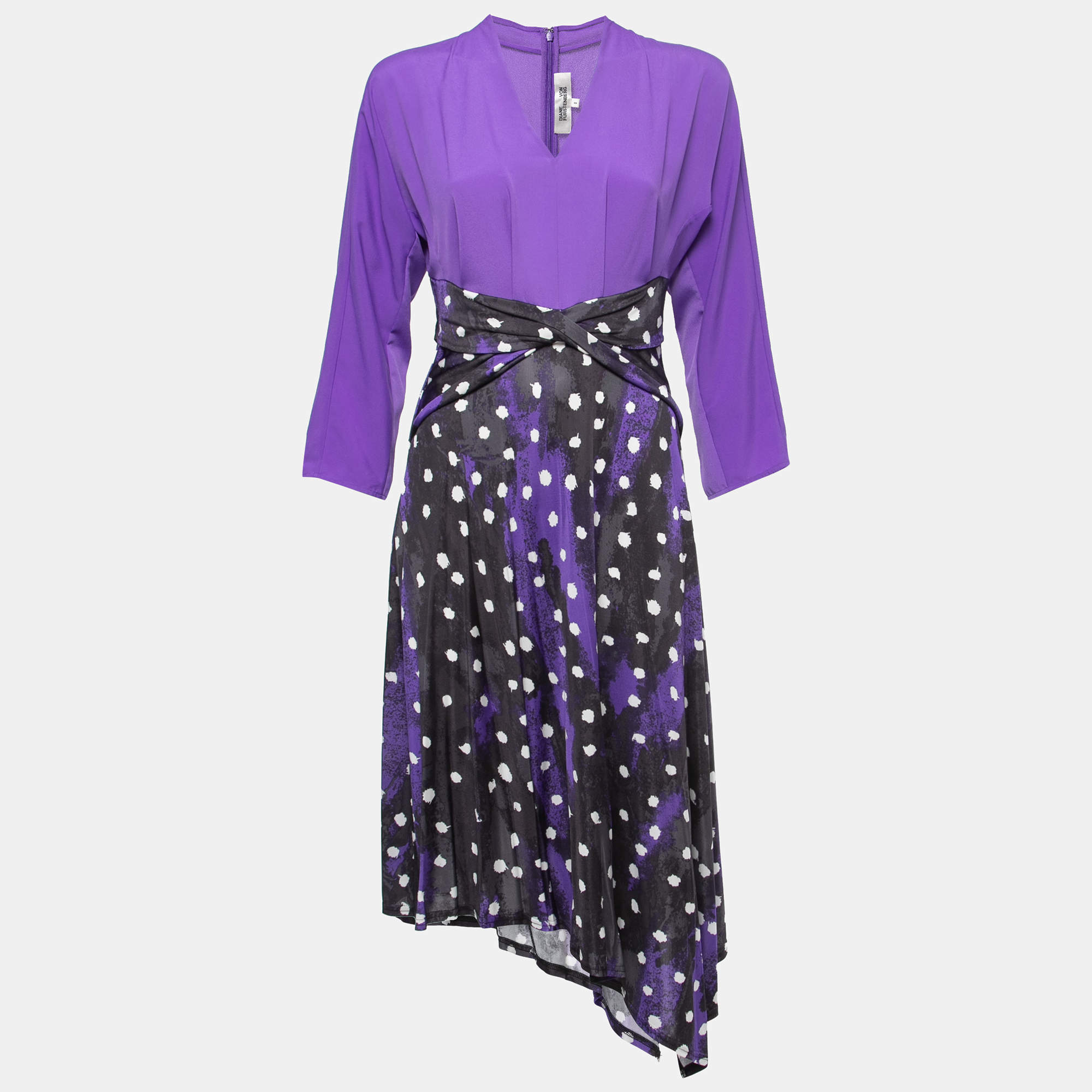 Pre Owned Diane Von Furstenberg Purple Printed Jersey & Crepe Long Sleeve Asymmetrical Midi Dress S