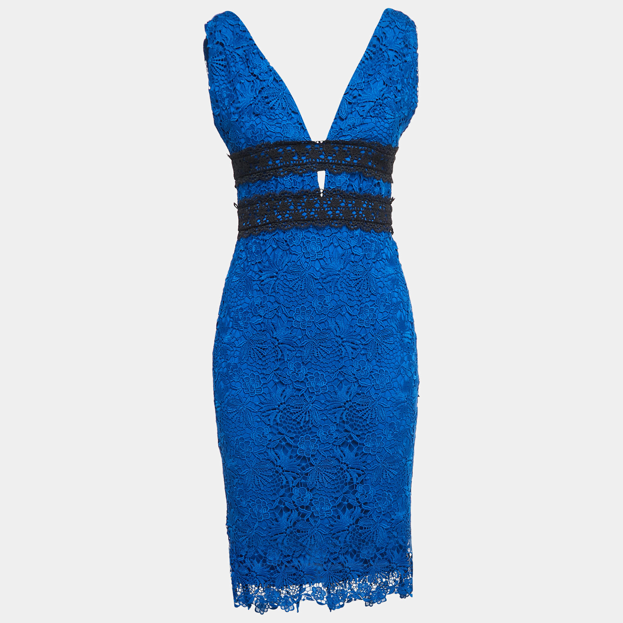 Pre Owned Diane Von Furstenberg Blue Floral Lace Sleeveless Midi Dress S