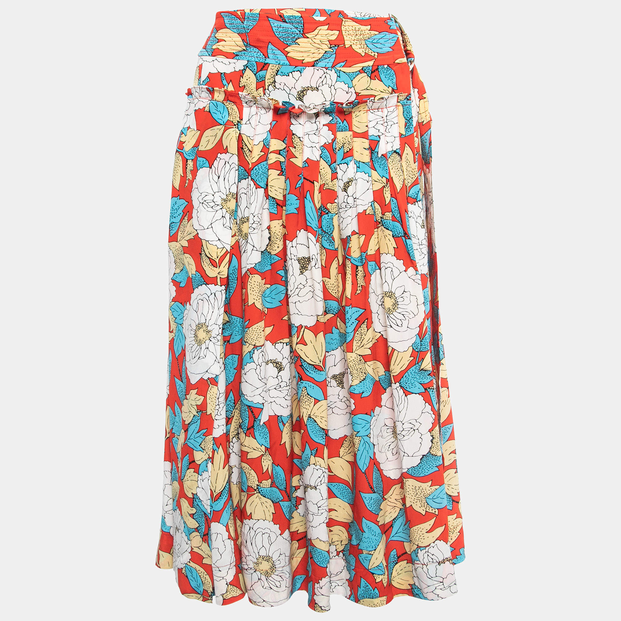 Pre Owned Diane Von Furstenberg Red Floral Printed Silk Wrap Midi Skirt S