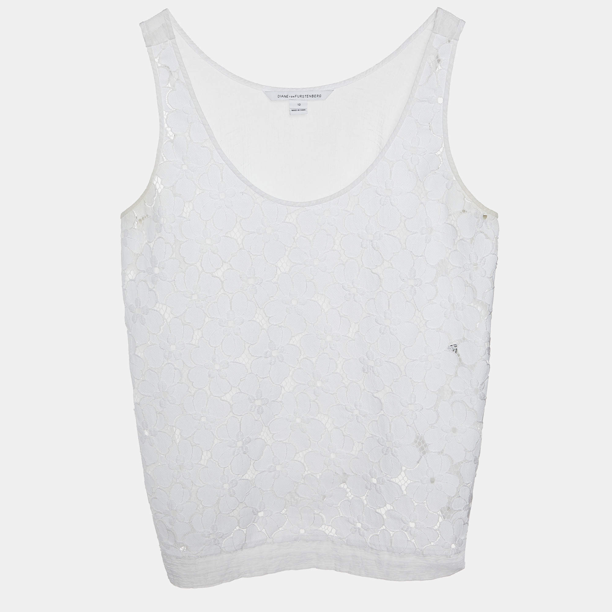 Pre Owned Diane von Furstenberg White Lace Tank Top L