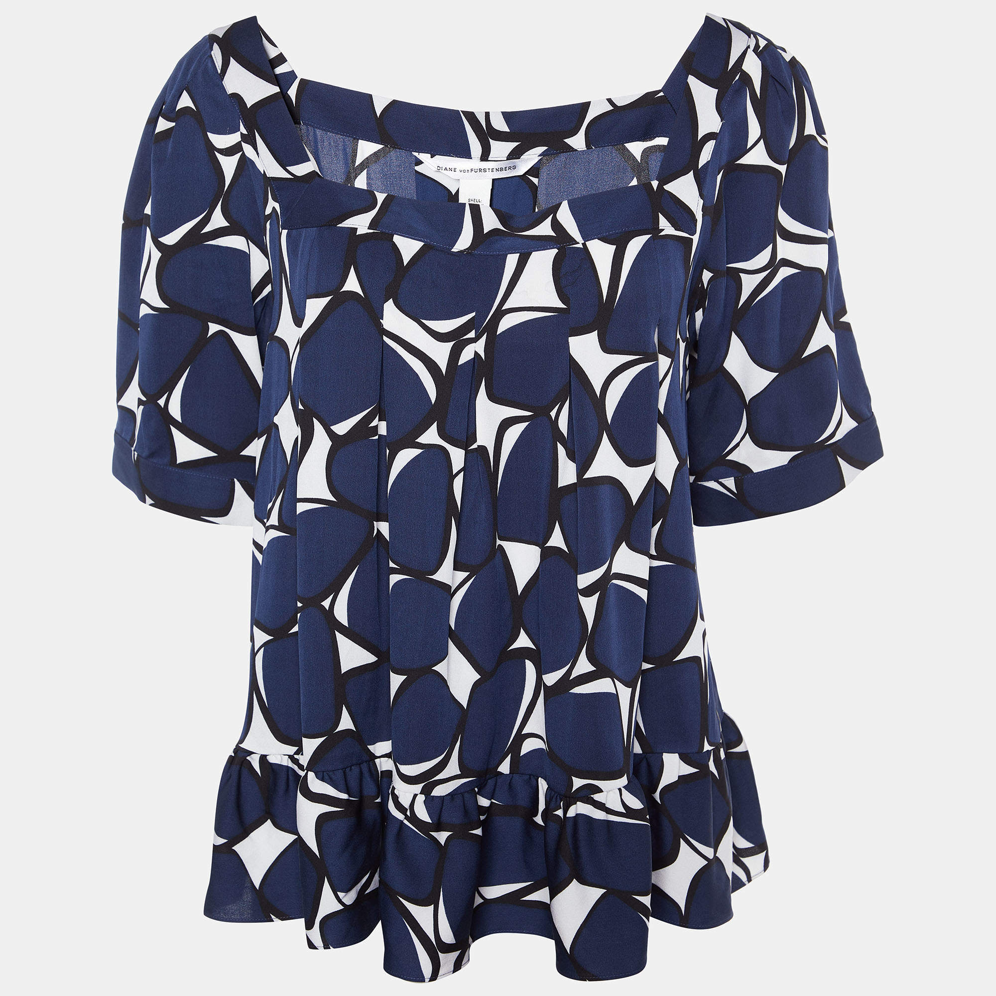 Pre Owned Diane Von Furstenberg Navy Blue Printed Silk Top L