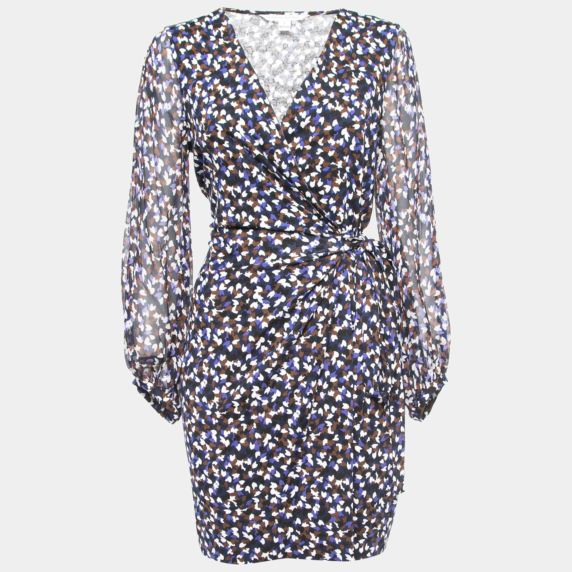 Pre Owned Diane Von Furstenberg Navy Blue Printed Cotton & Silk Sigourney Wrap Dress M