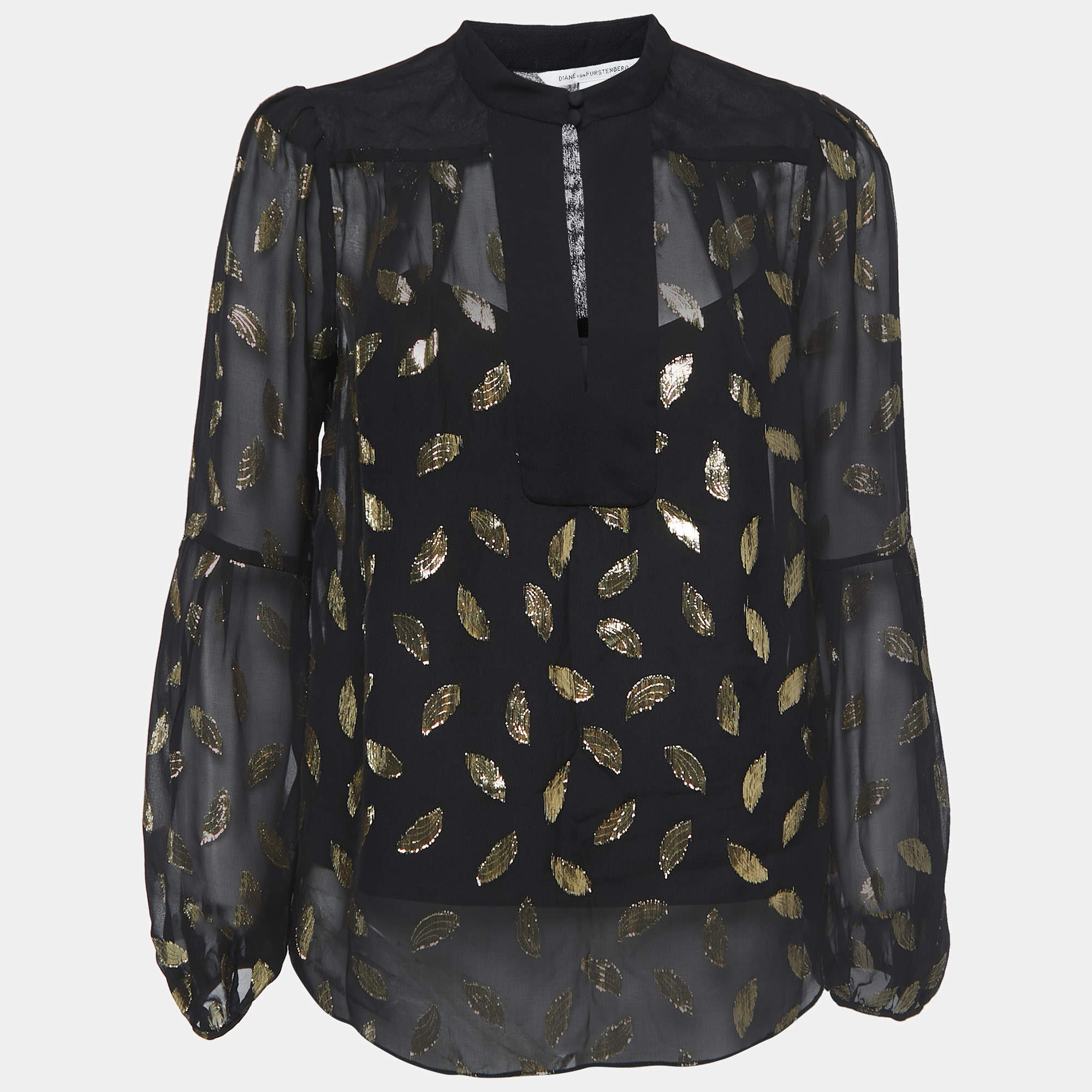Pre Owned Diane Von Furstenberg Black/Gold Silk Jacquard Isolde Blouse S