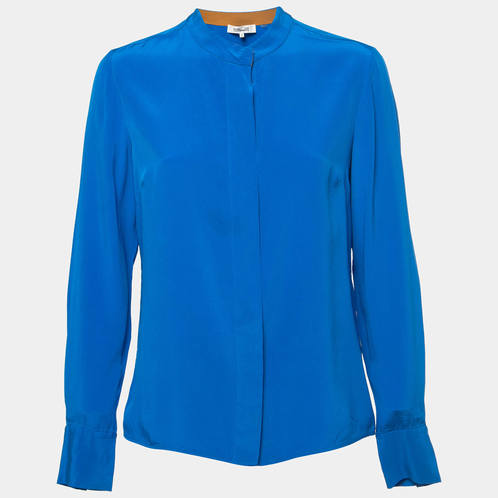 Pre Owned Diane Von Furstenberg Blue Silk Roundneck Buttoned Blouse M