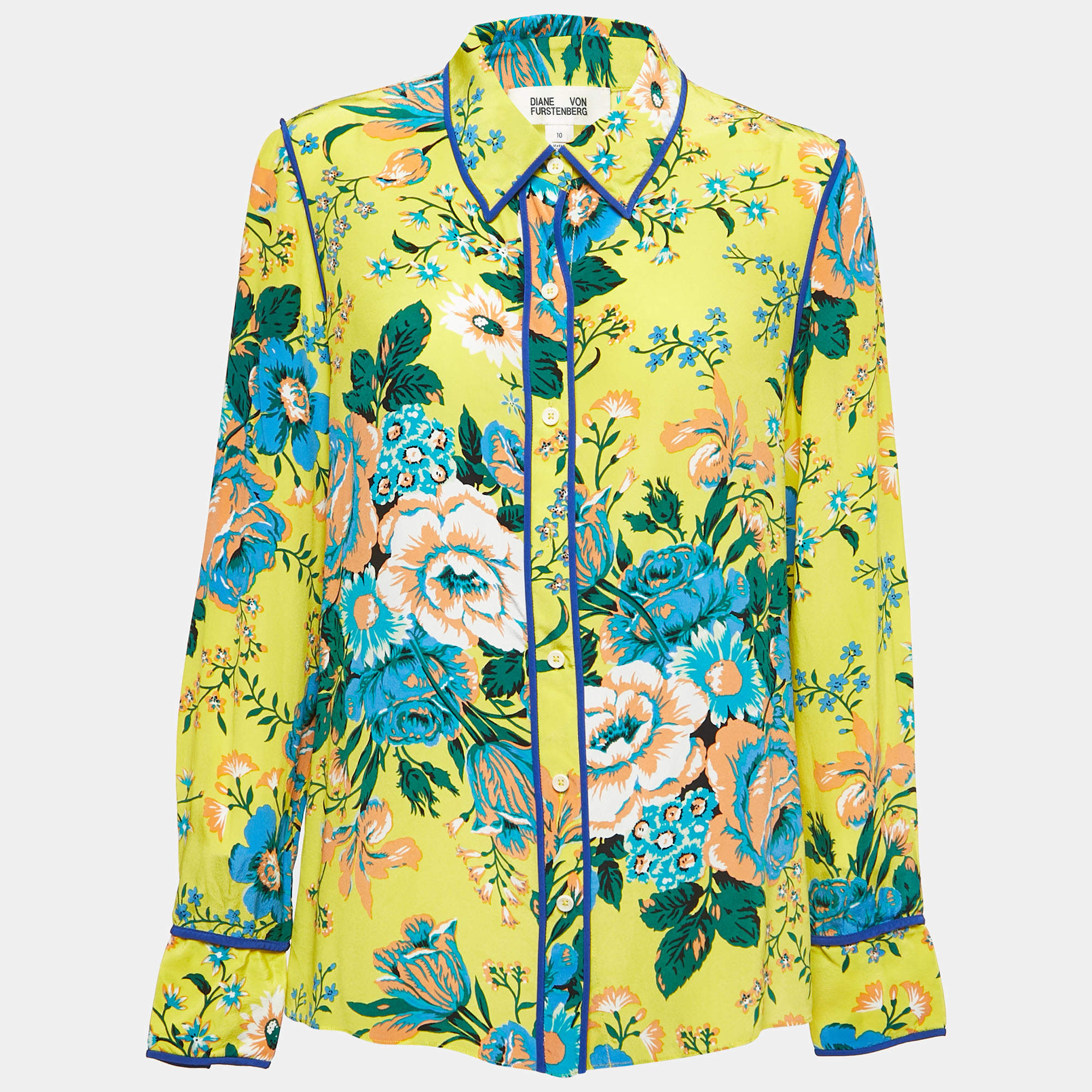 Pre Owned Diane Von Furstenberg Yellow Floral Printed Silk Shirt L