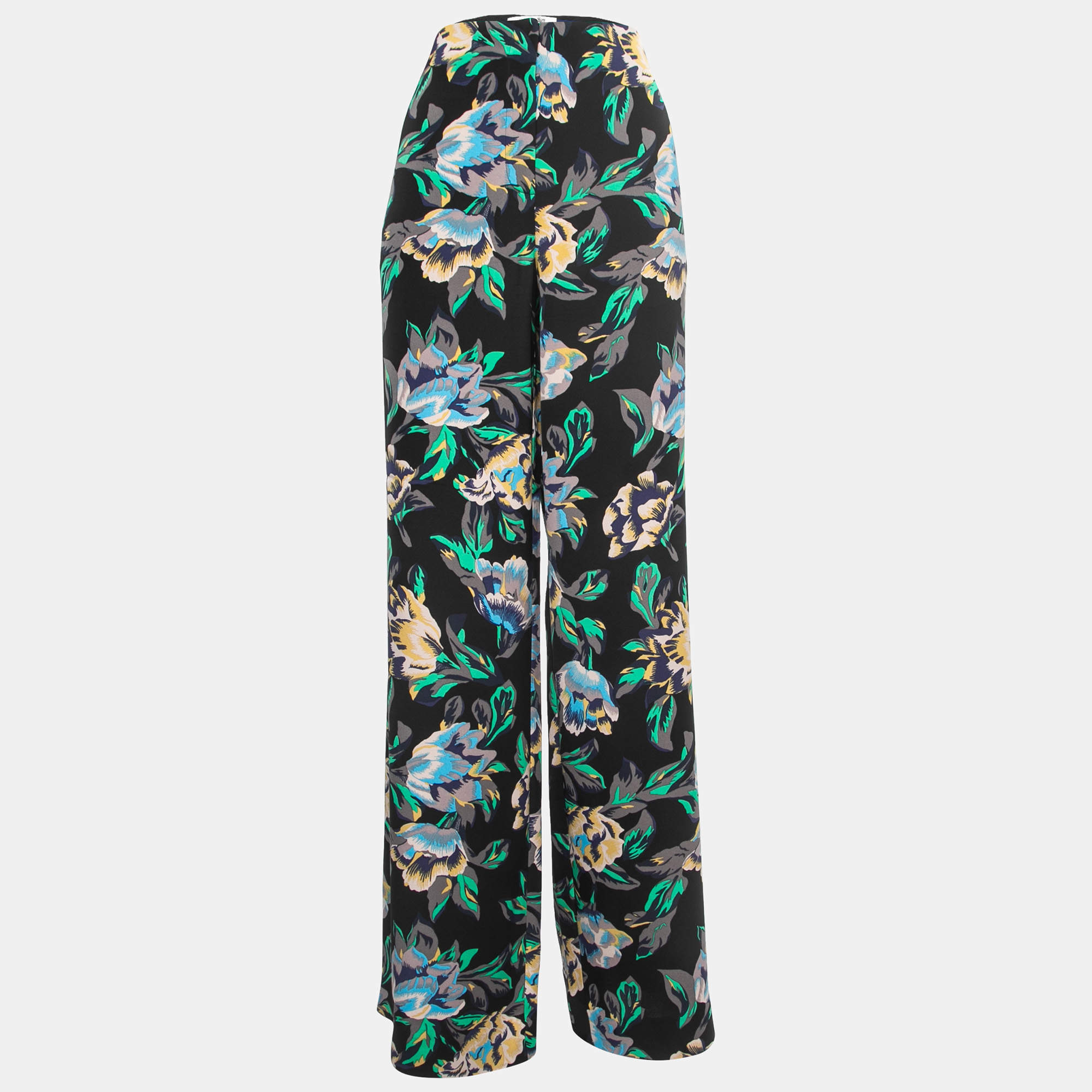 Pre Owned Diane Von Furstenberg Black Floral Printed Crepe Wide Leg Pants M 