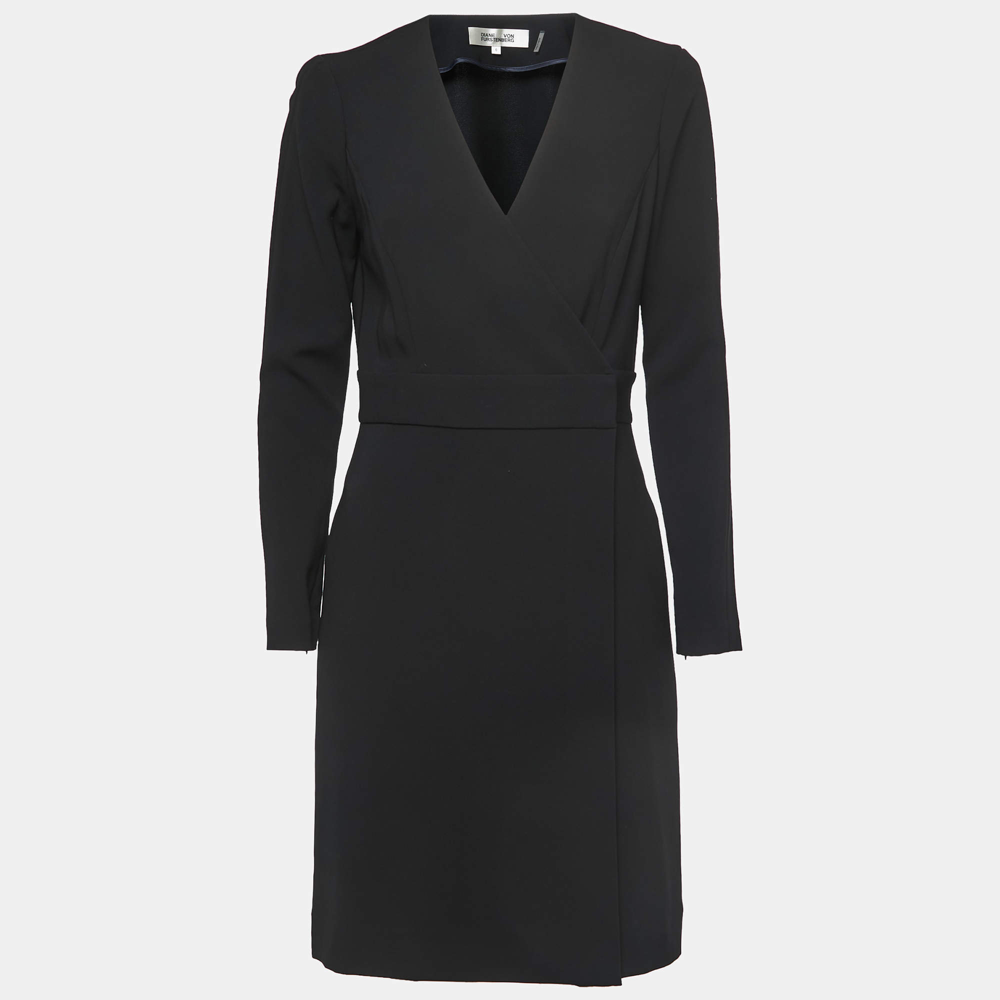 مملوكة مسبقًا Diane Von Furstenberg Black Crepe Wrap Effect Midi Dress M