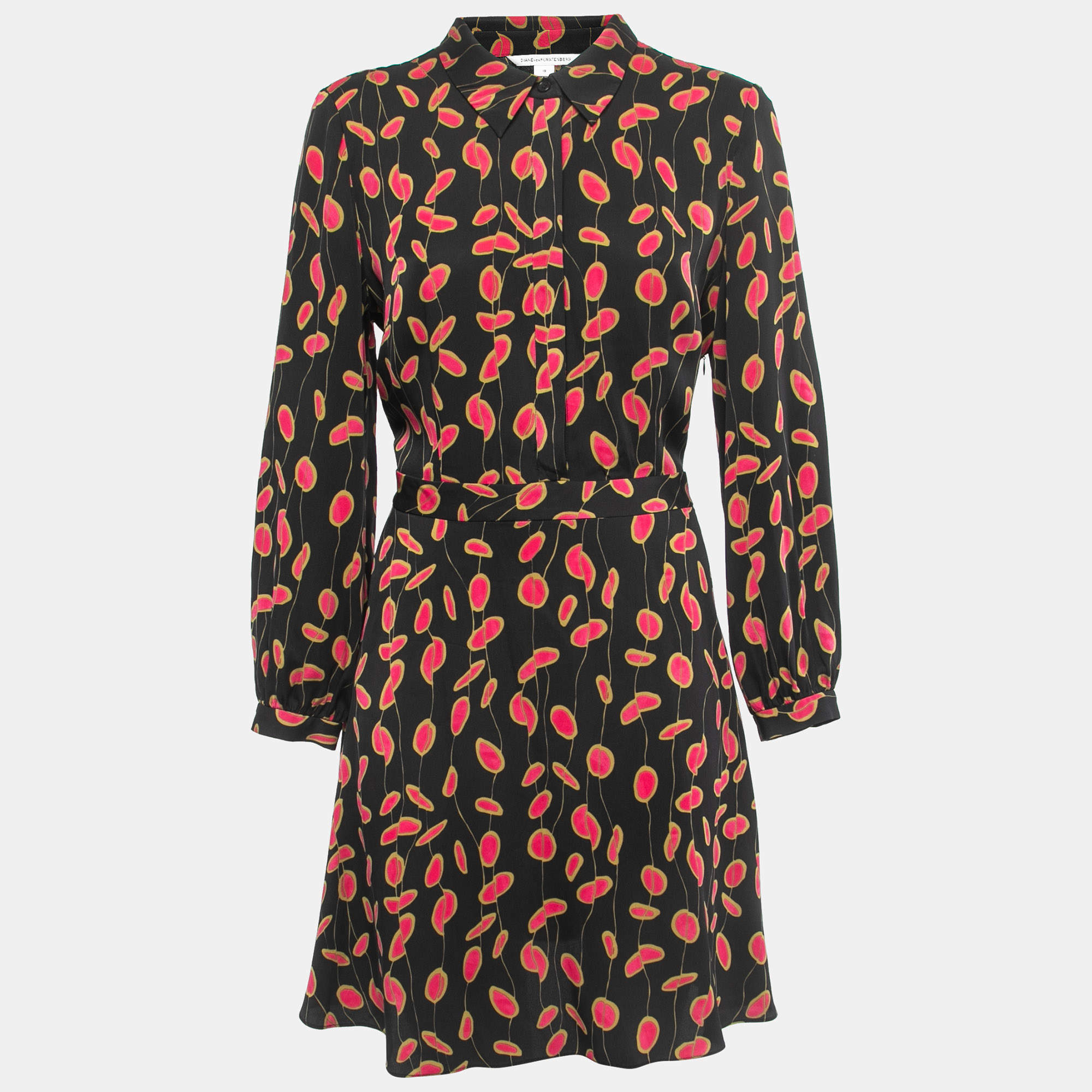 Pre Owned Diane Von Furstenberg Black Printed Crepe Flared Short Dress L