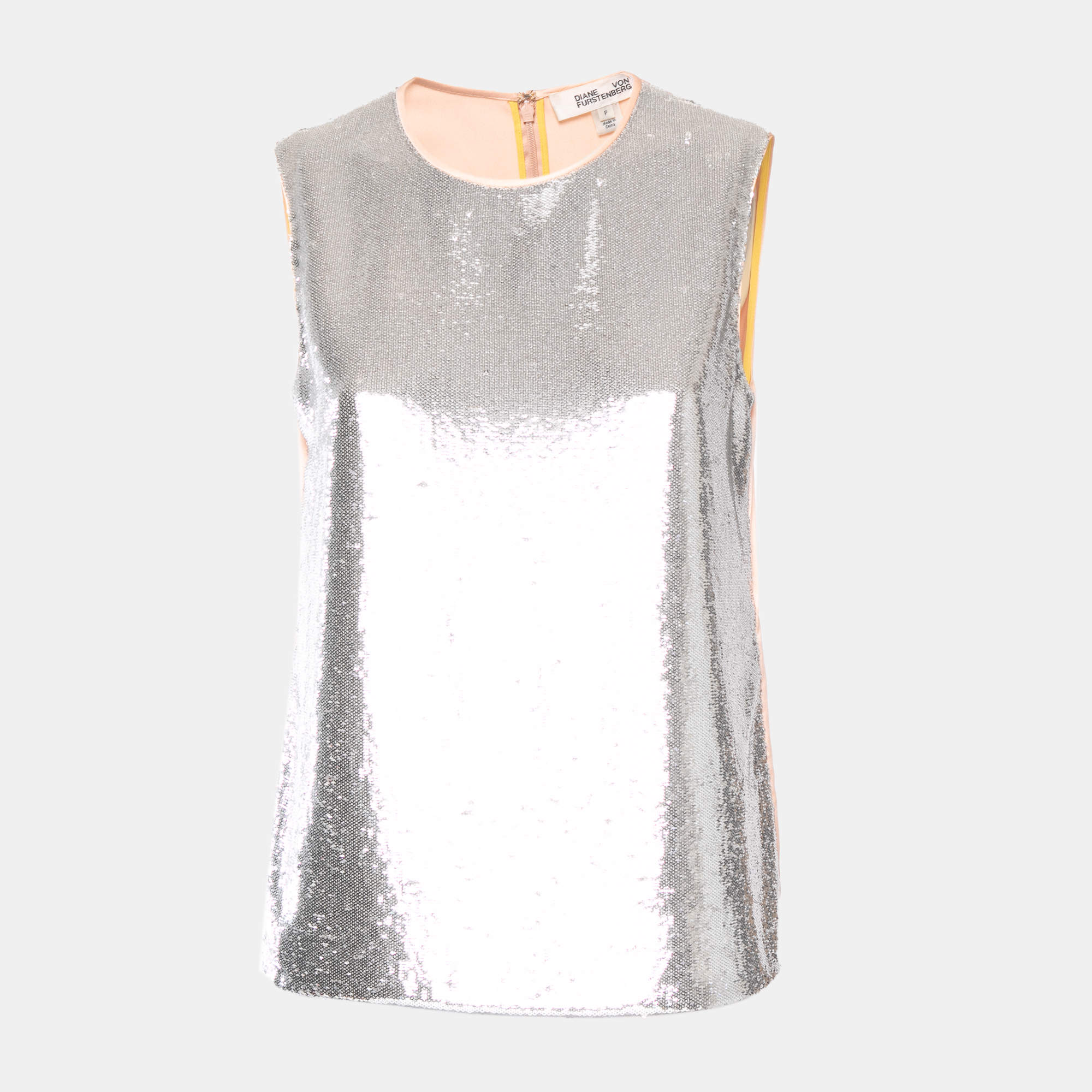 Pre Owned Diane Von Furstenberg Silver Sequined Satin Sleeveless Blouse S