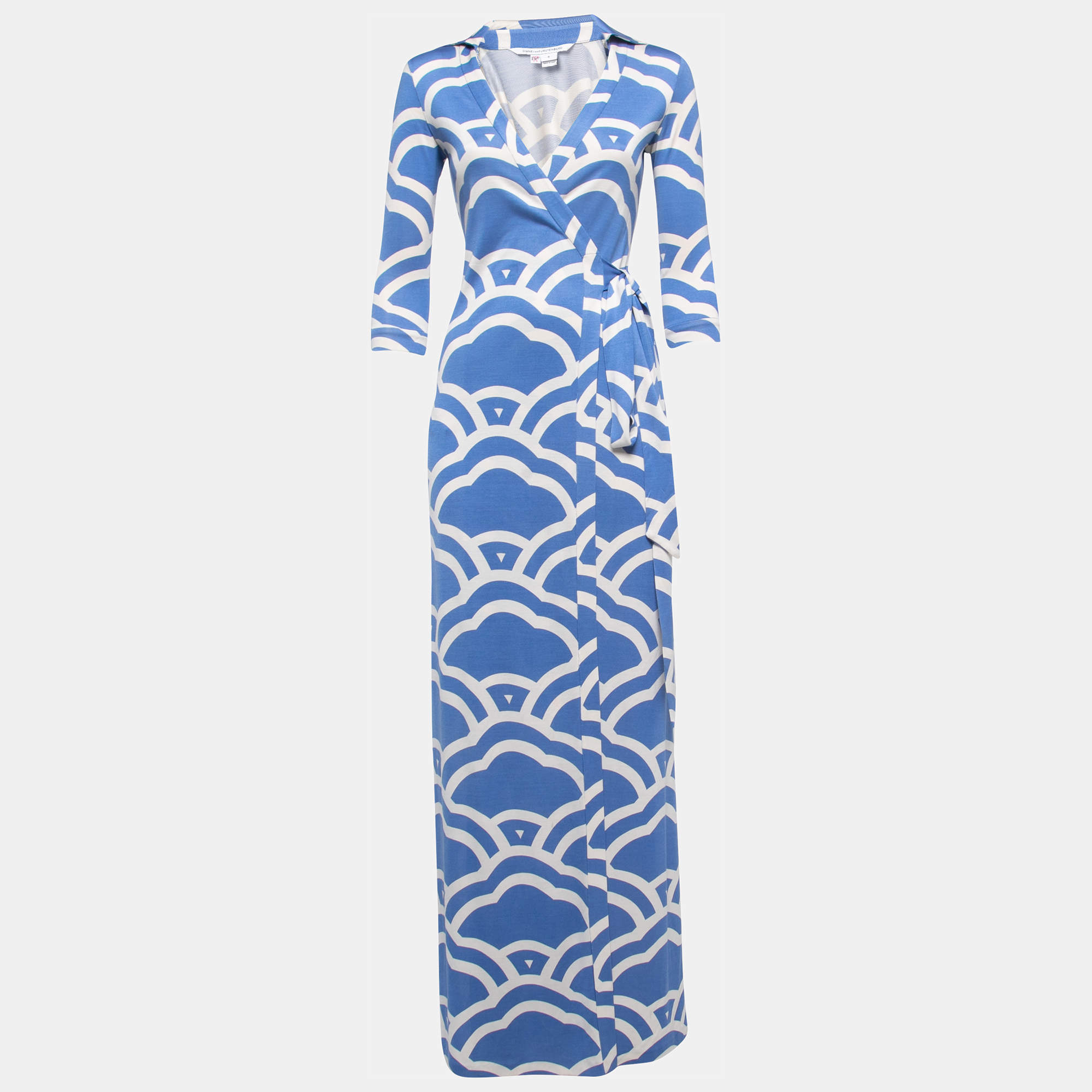 Diane Von Furstenberg Blue Patterned Silk Knit Long Sleeve Wrap Maxi Dress XS