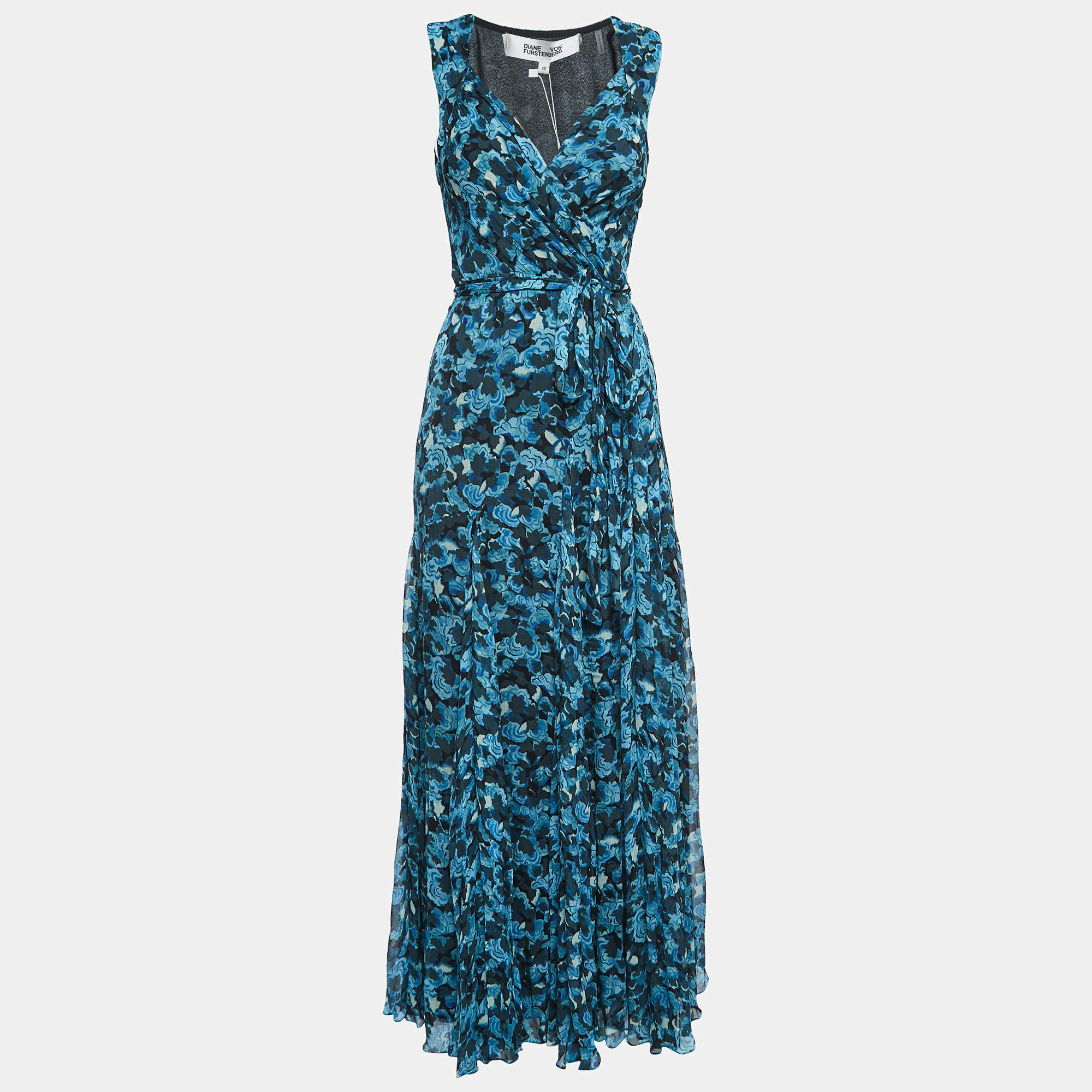 【DIANE von FURSTENBERG】メノンプリントドレープマキシドレス Diane Von Furstenberg Blue Floral Print Chiffon Sleeveless