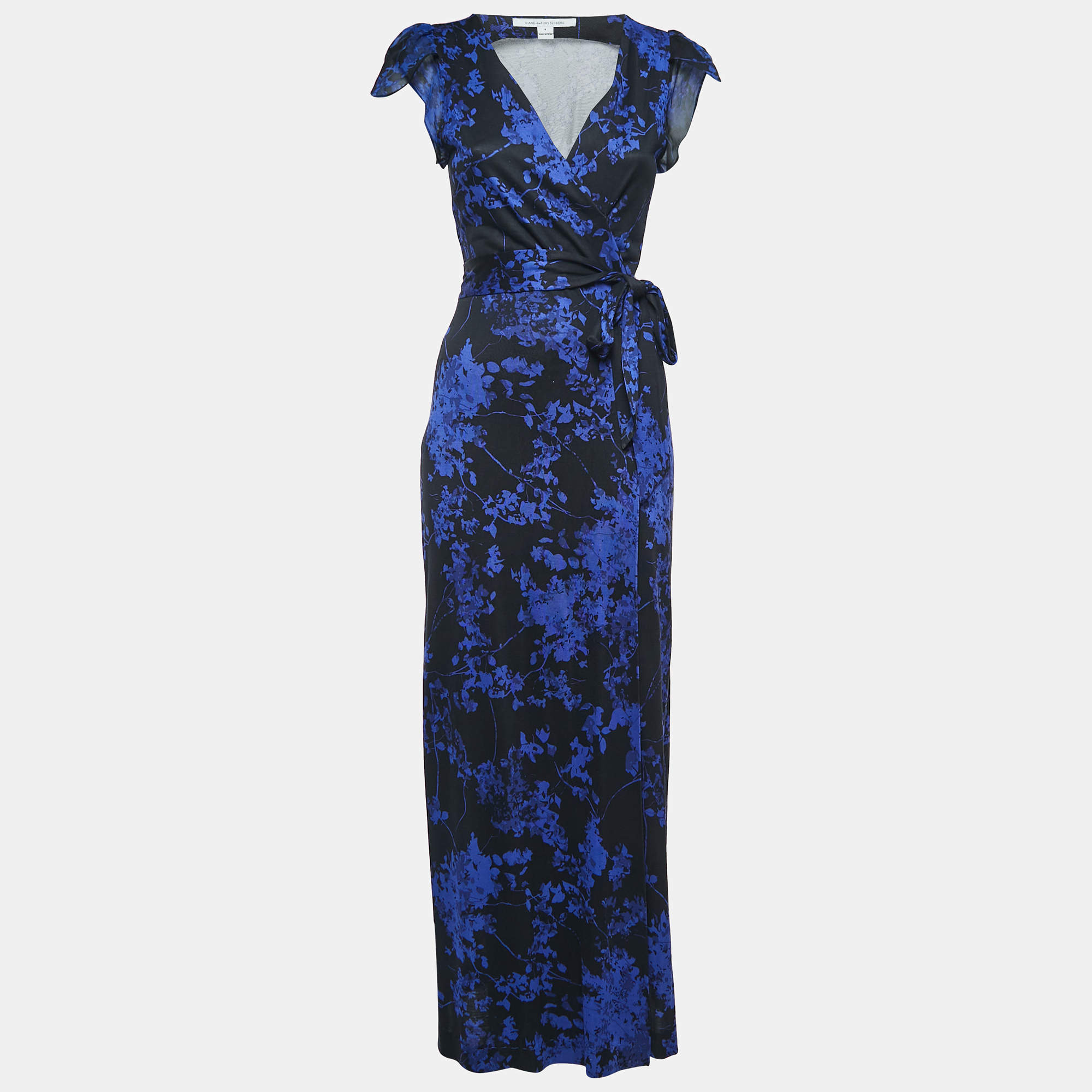 Pre Owned Diane Von Furstenberg Blue Floral Print Silk Knit Wrap Maxi Dress S