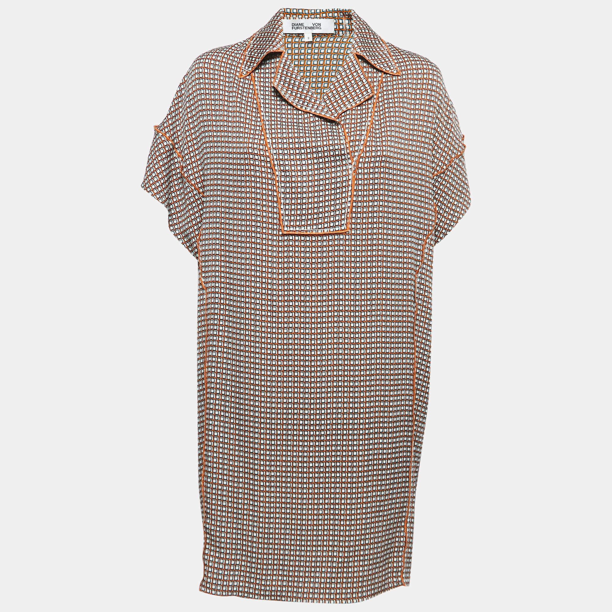 Pre Owned Diane Von Furstenberg Orange Print Silk Mini Shift Dress S