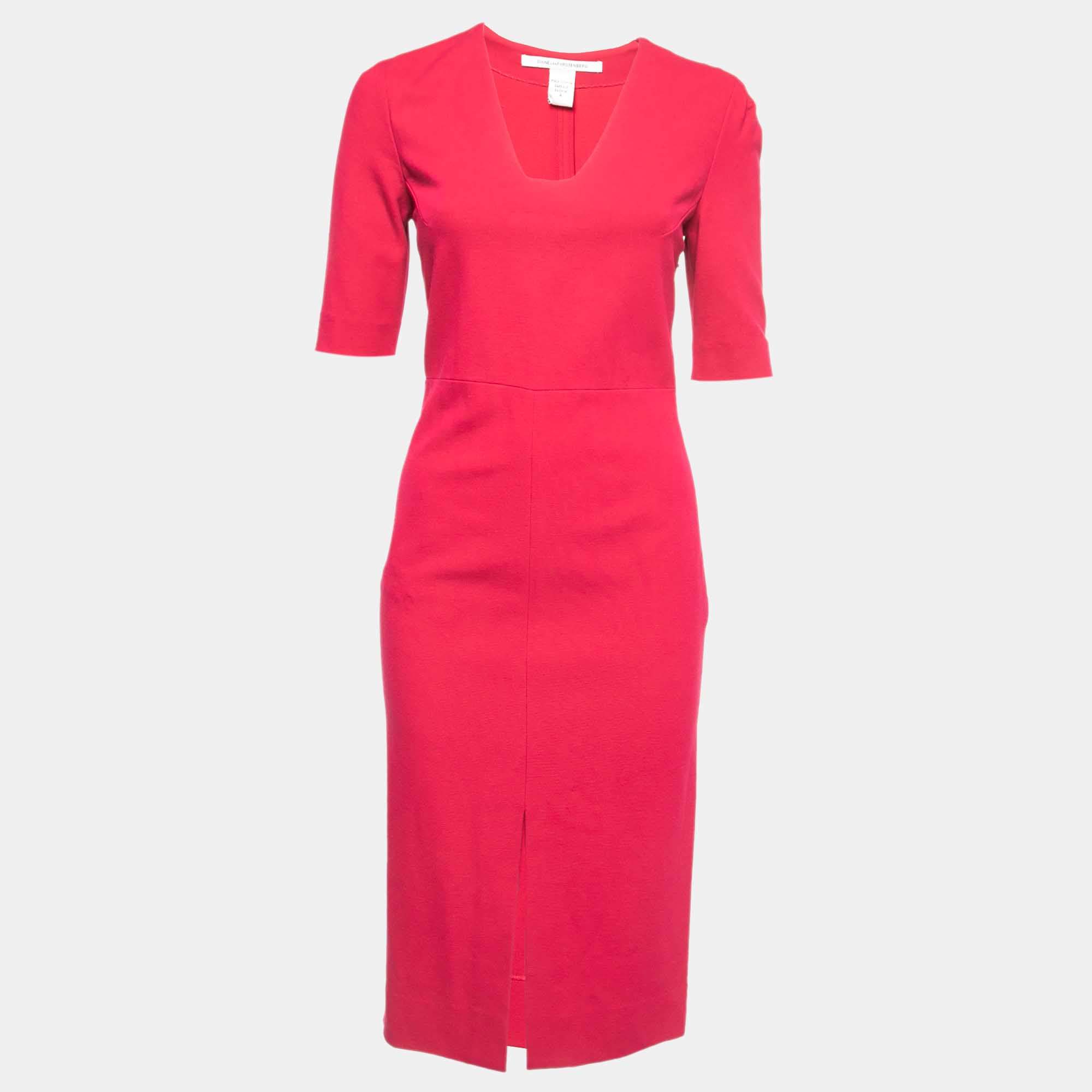 Pre Owned Diane Von Furstenberg Pink Knit Midi Dress S