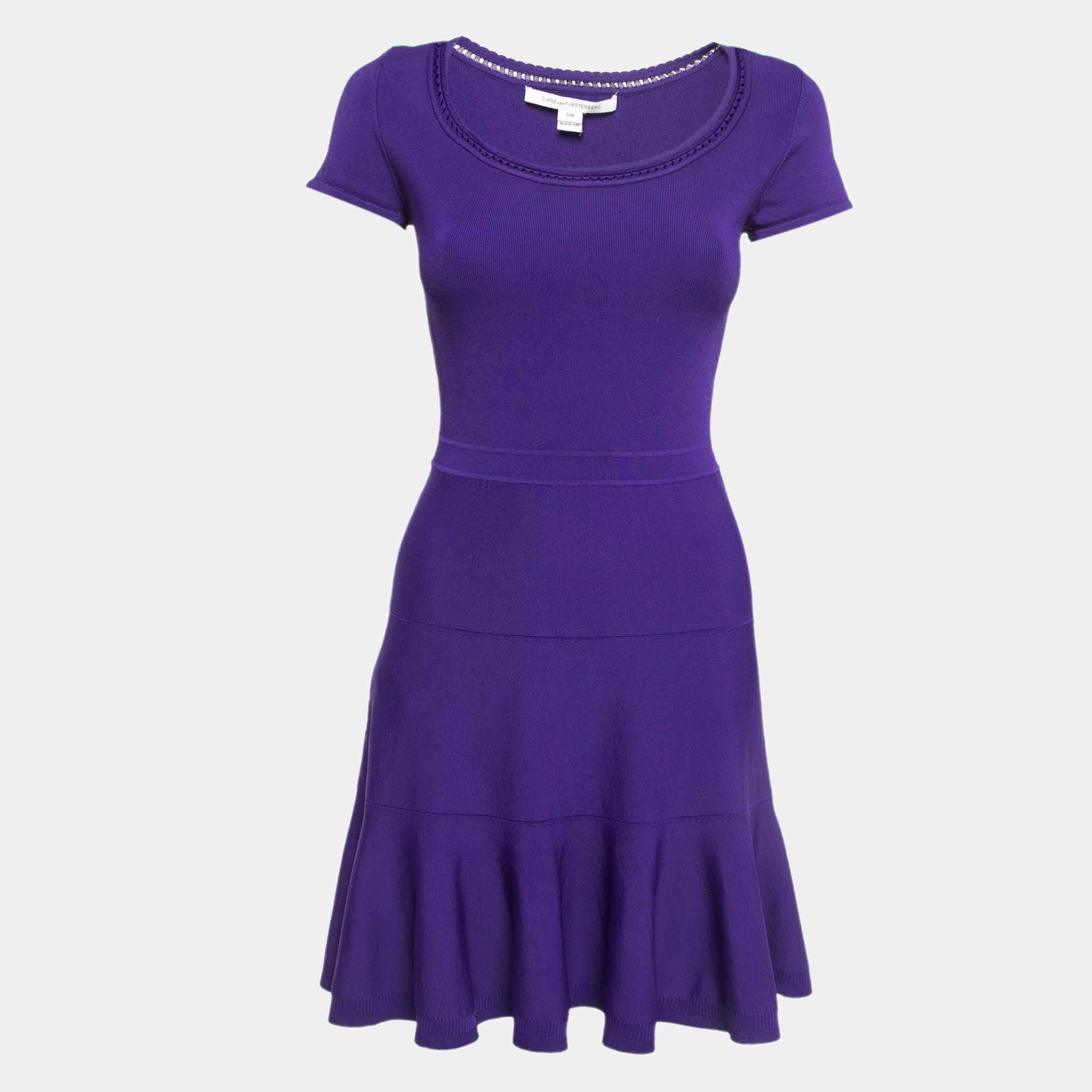Pre Owned Diane Von Furstenberg Purple Knit Flared Short Dress S/M