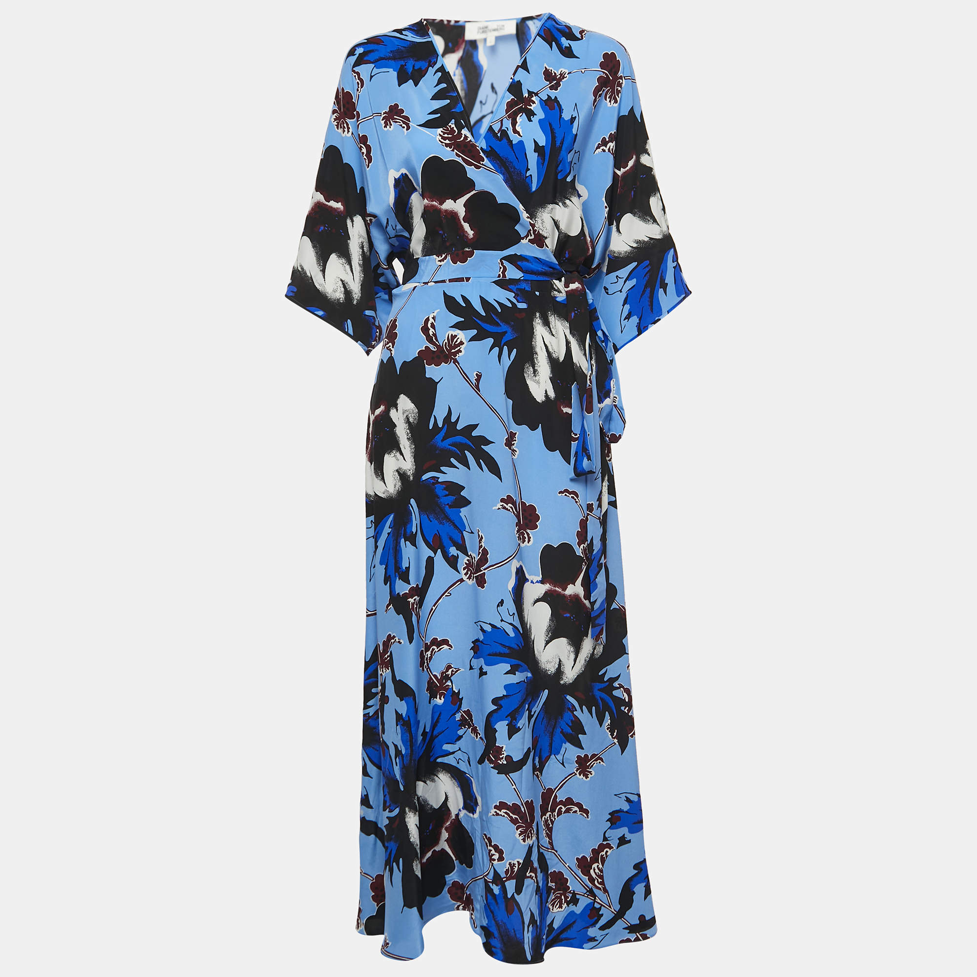 Pre Owned Diane Von Furstenberg Blue Floral Print Silk Wrap Dress L