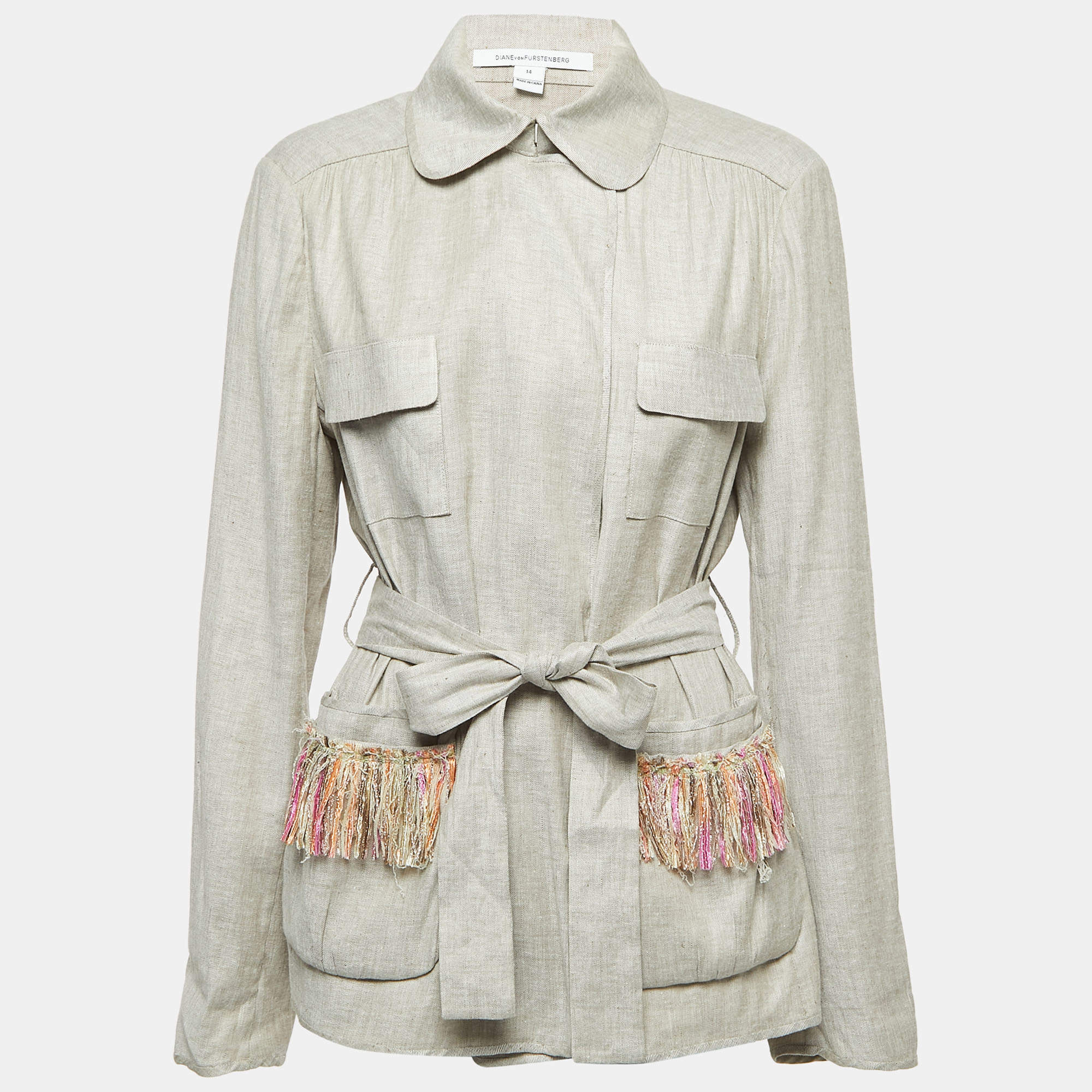 Diane Von Furstenberg Grey Linen Blend Open Front Belted Coat XL