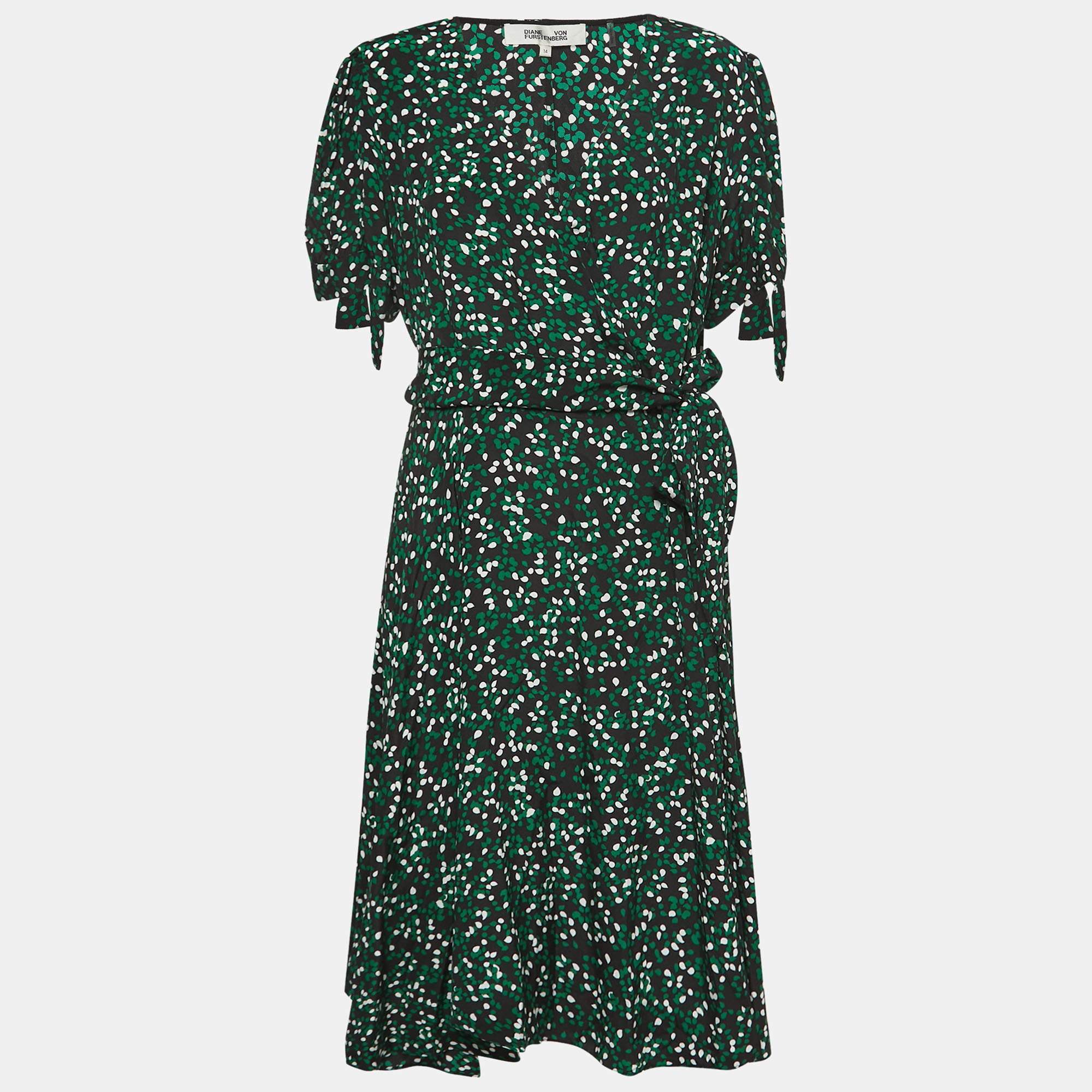 Pre Owned Diane Von Furstenburg Black Printed Silk Waist Tie Detail Flared Midi Dress XL