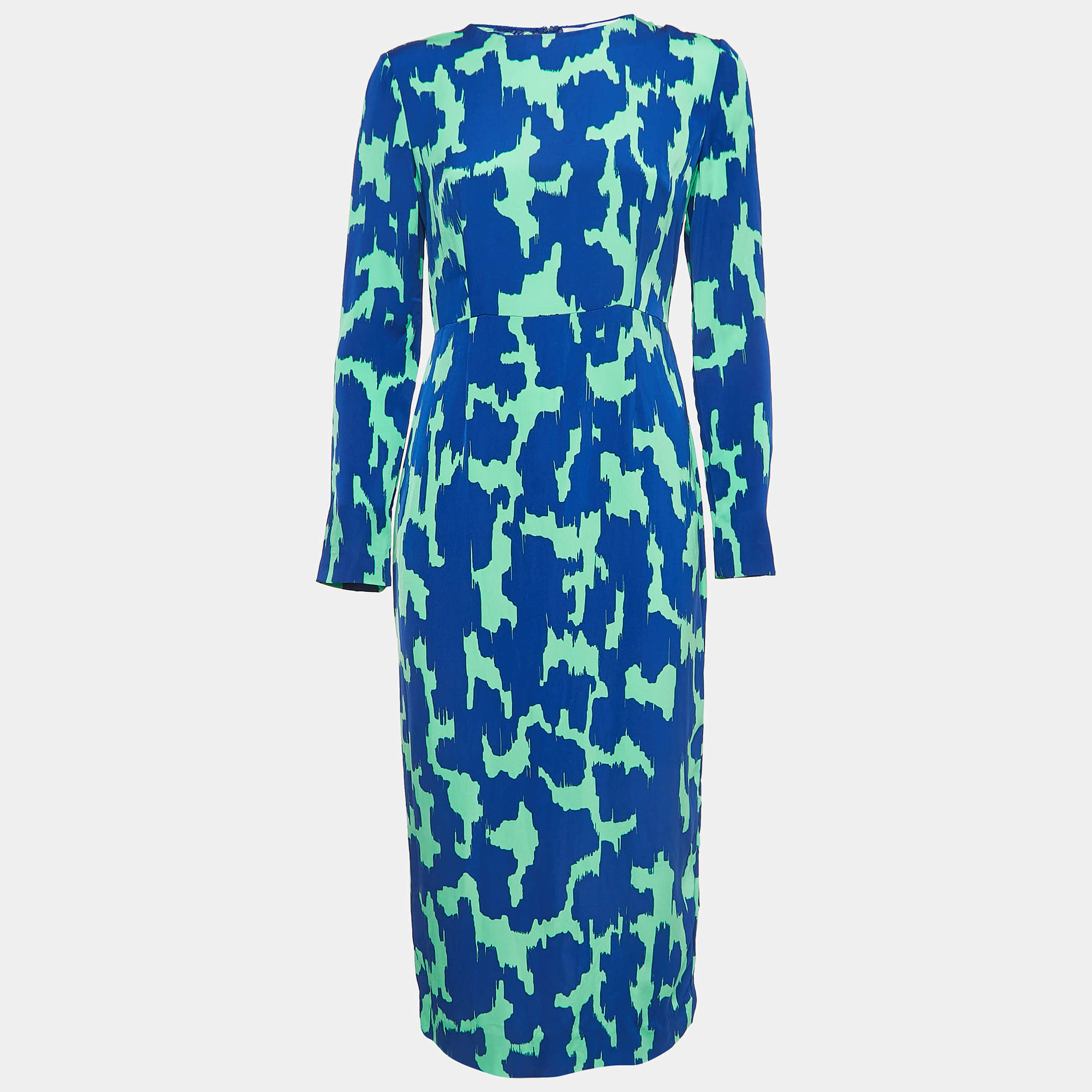 Pre Owned Diane von Furstenberg Blue/Green Print Crepe Midi Dress S