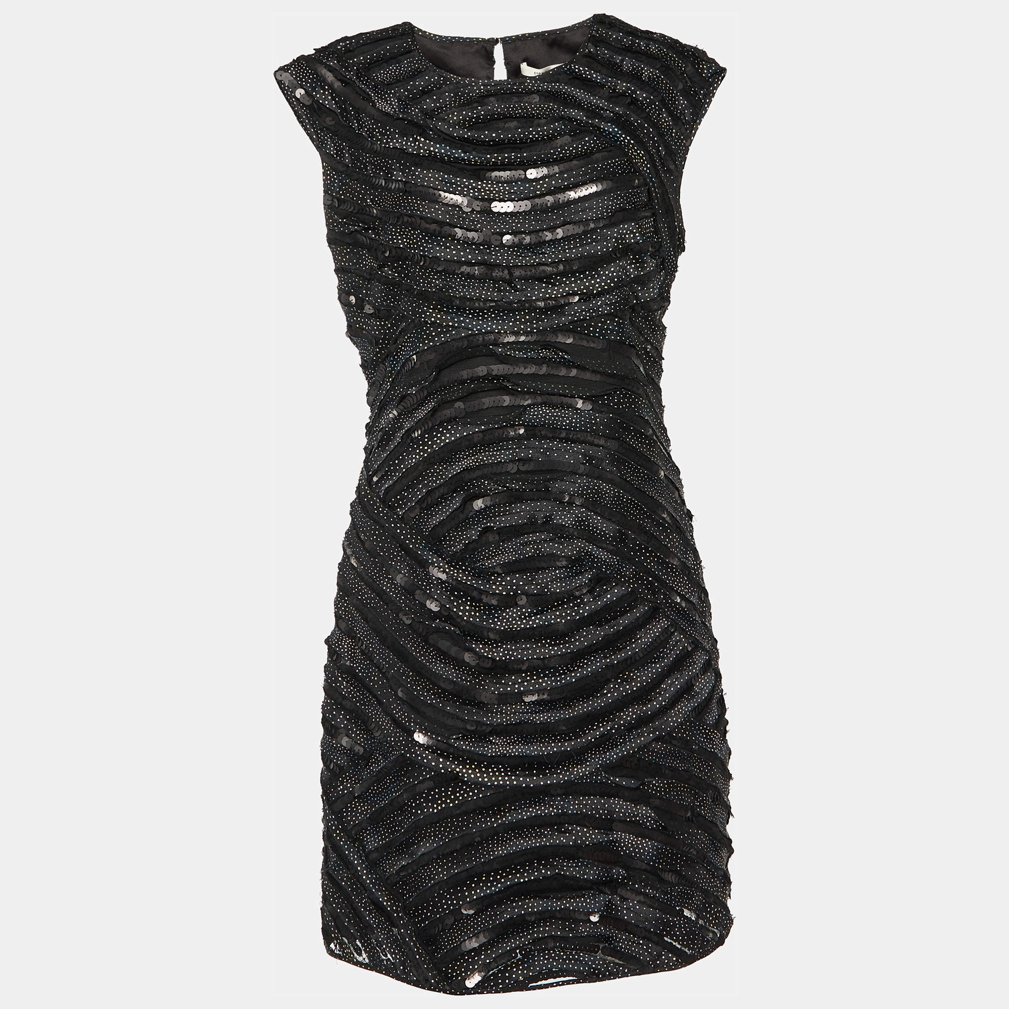 Pre Owned Diane Von Furstenberg Black Embellished textured Silk Aja Mini Dress L