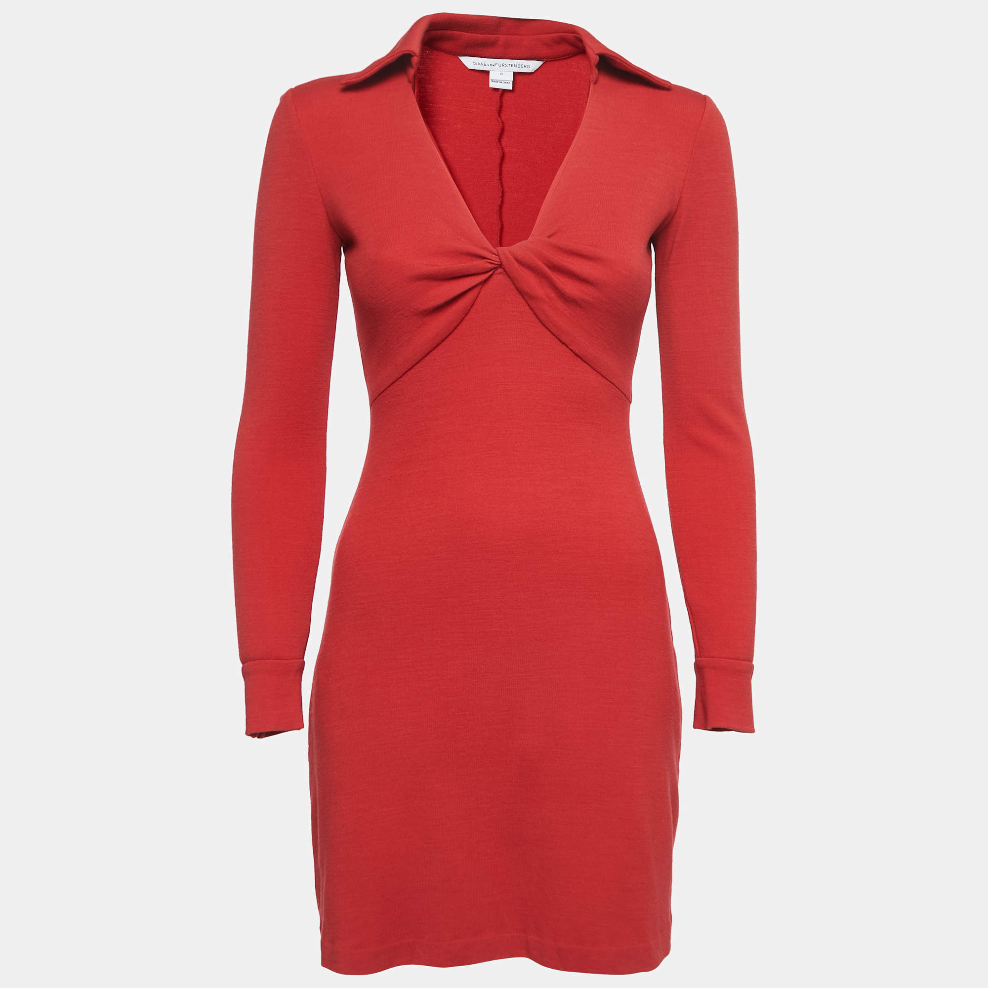 Pre Owned Diane Von Furstenberg Red Wool Knot Detail Mini Dress XS