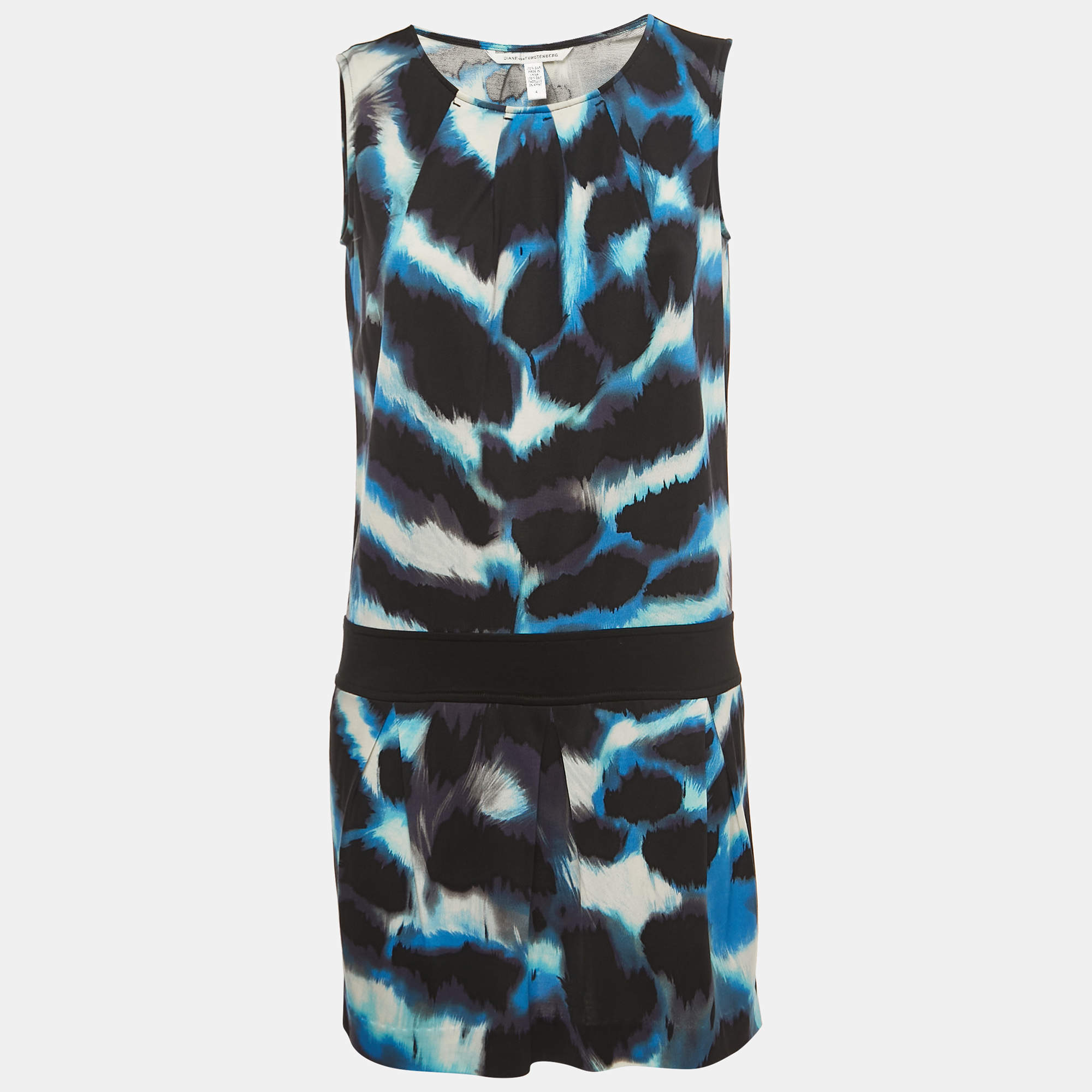 Pre Owned Diane Von Furstenberg Blue Print Silk Knit Sleeveless Mini Dress S