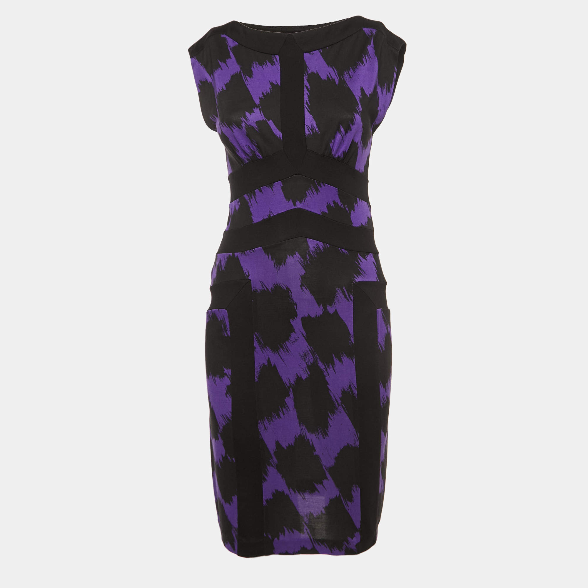 Pre Owned Diane Von Furstenberg Black Print Silk Knit Sleeveless Short Dress S