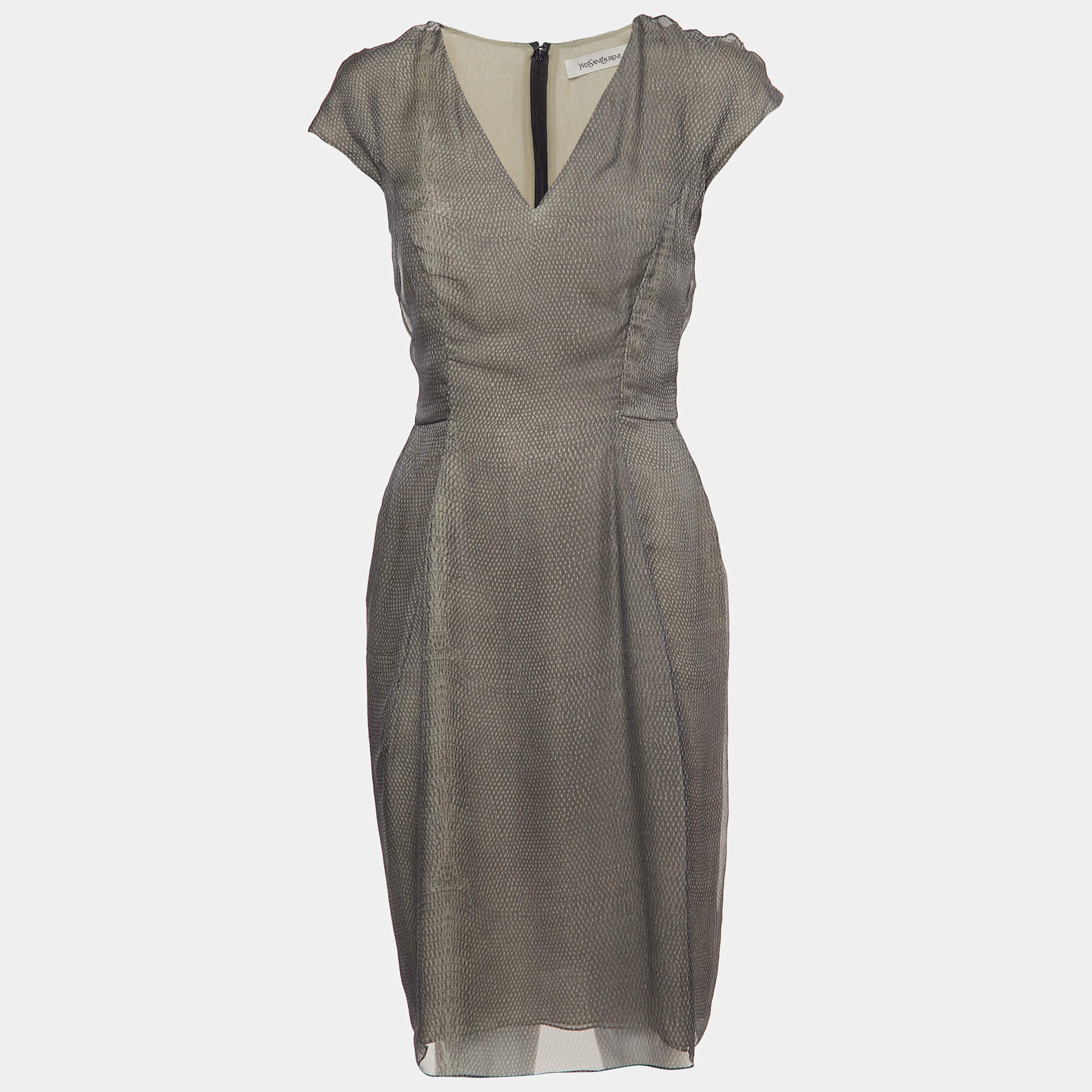 Yves Saint Laurent Grey Snake Print Silk V-Neck Short Dress M