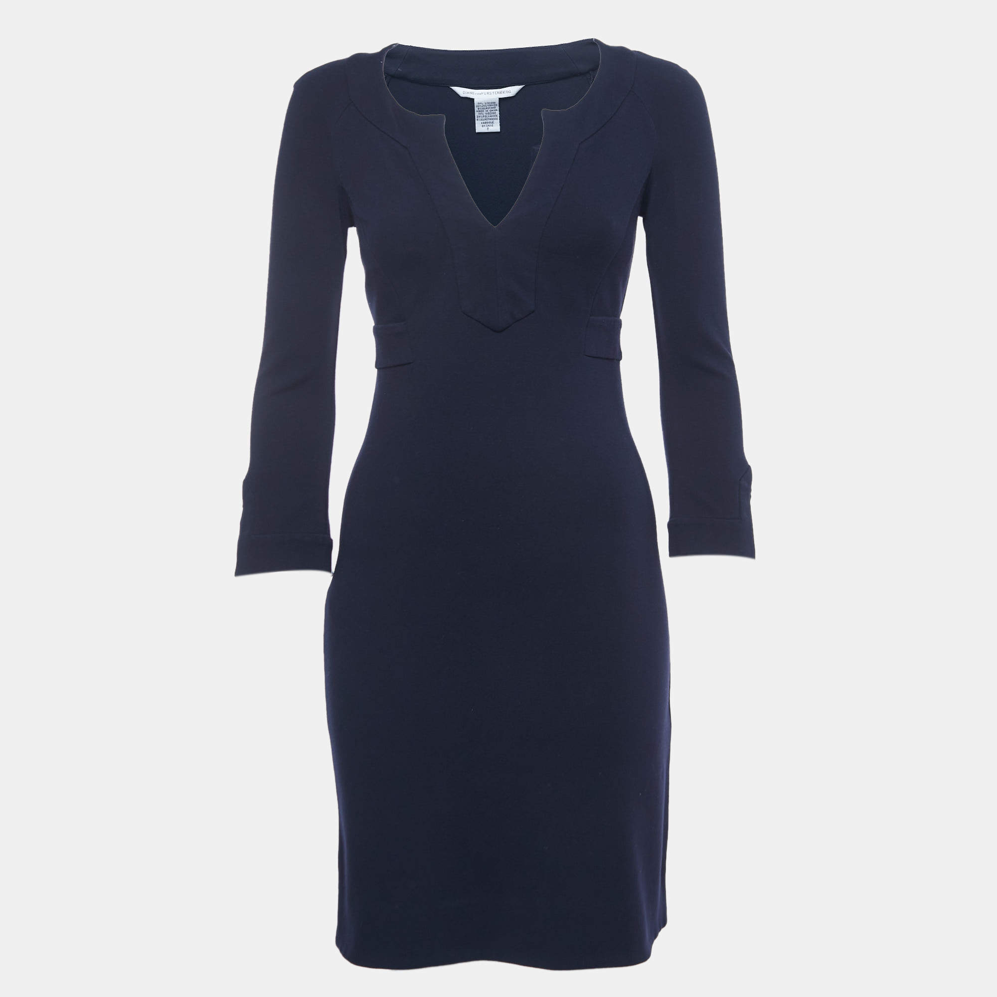 Pre Owned Diane Von Furstenberg Navy Blue Knit V-Neck Dress S