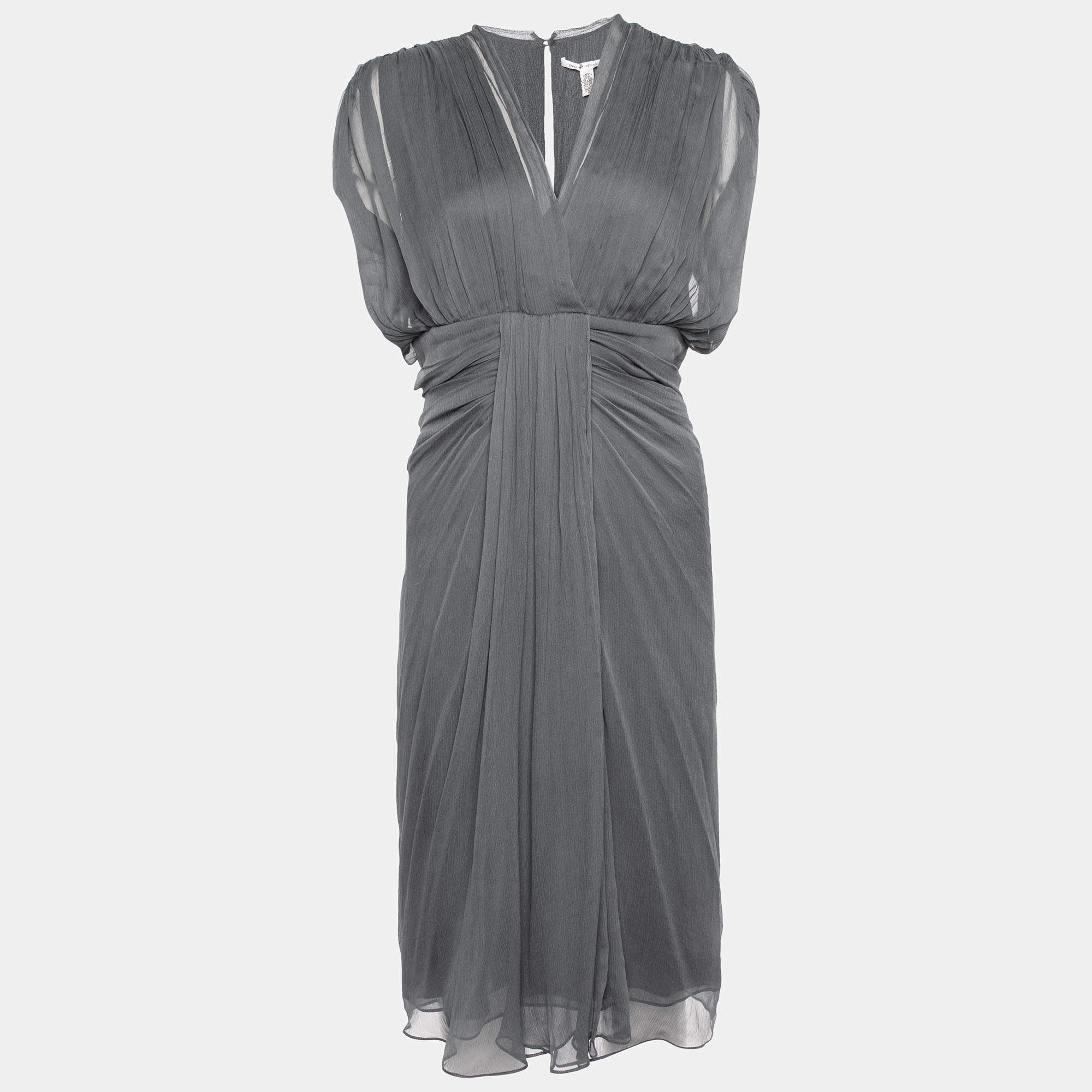 Pre Owned Diane Von Furstenberg Charcoal Grey Silk Chiffon Tull Midi Dress L