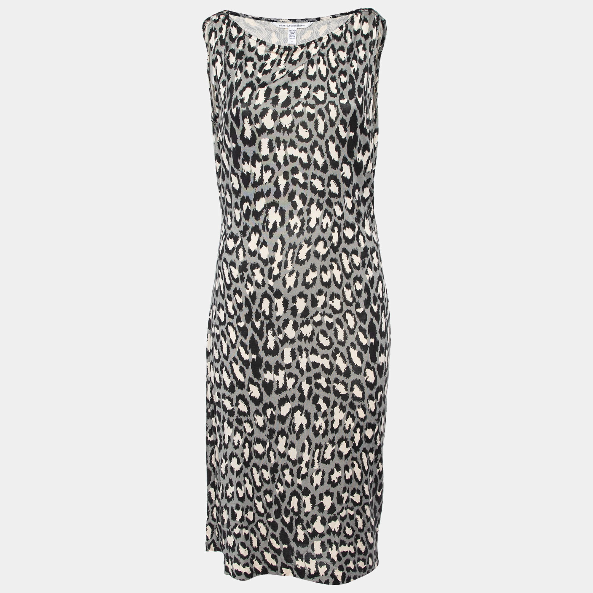Pre Owned Diane Von Furstenberg Grey Animal Printed Silk Knit Ritanna Sleeveless Dress L