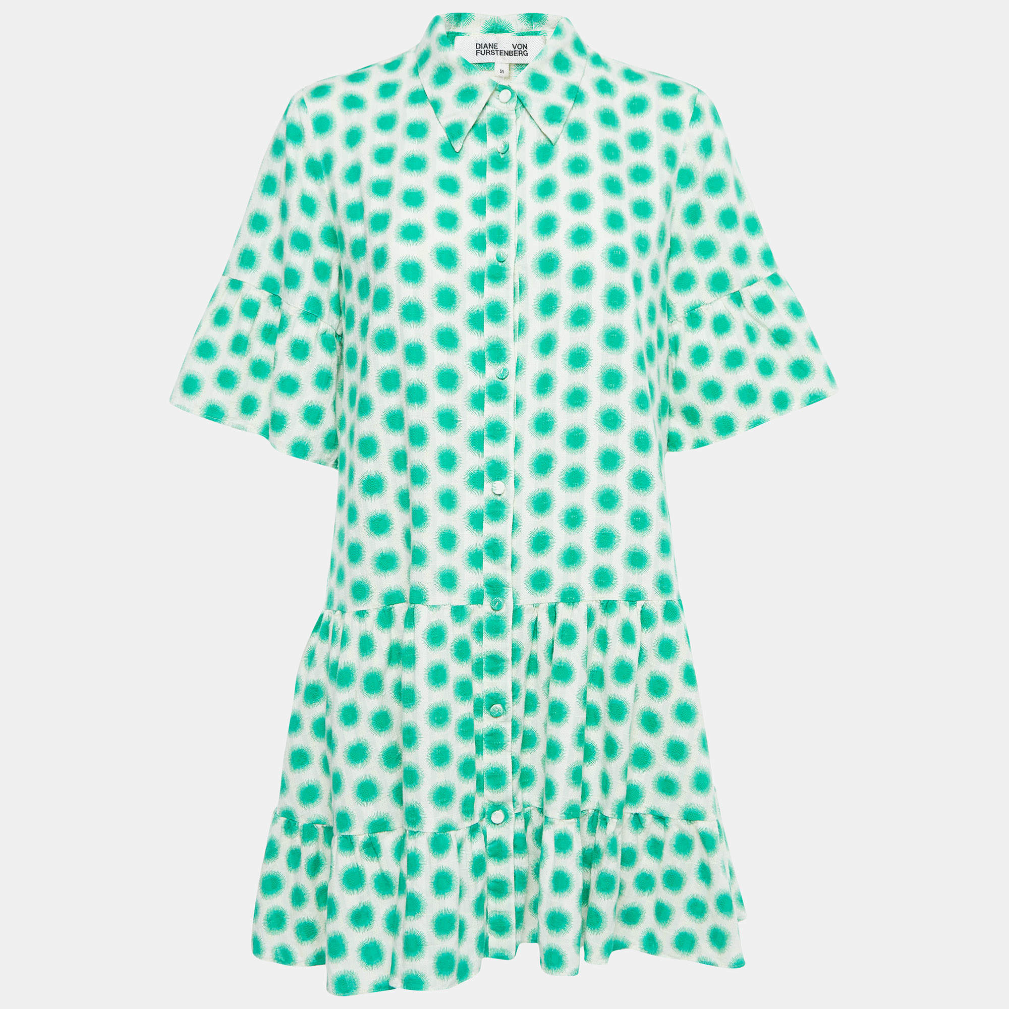 Pre Owned Diane Von Furstenberg Cream/Green Print Cotton Button Front Mini Dress M