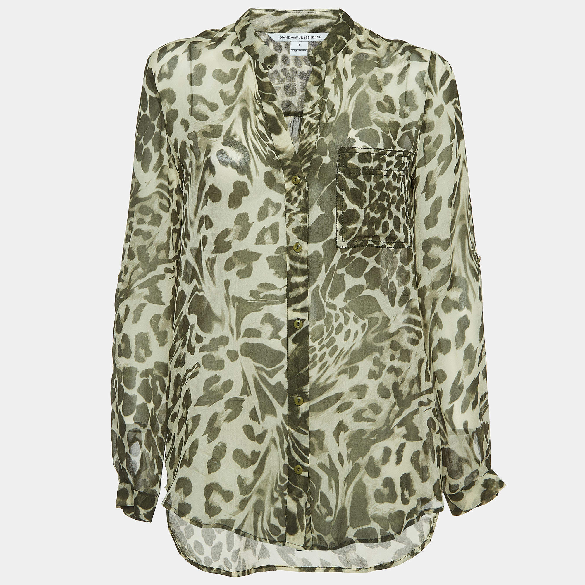 Pre Owned Diane Von Furstenberg Green Print Silk Button Front Relaxed Fit Blouse M
