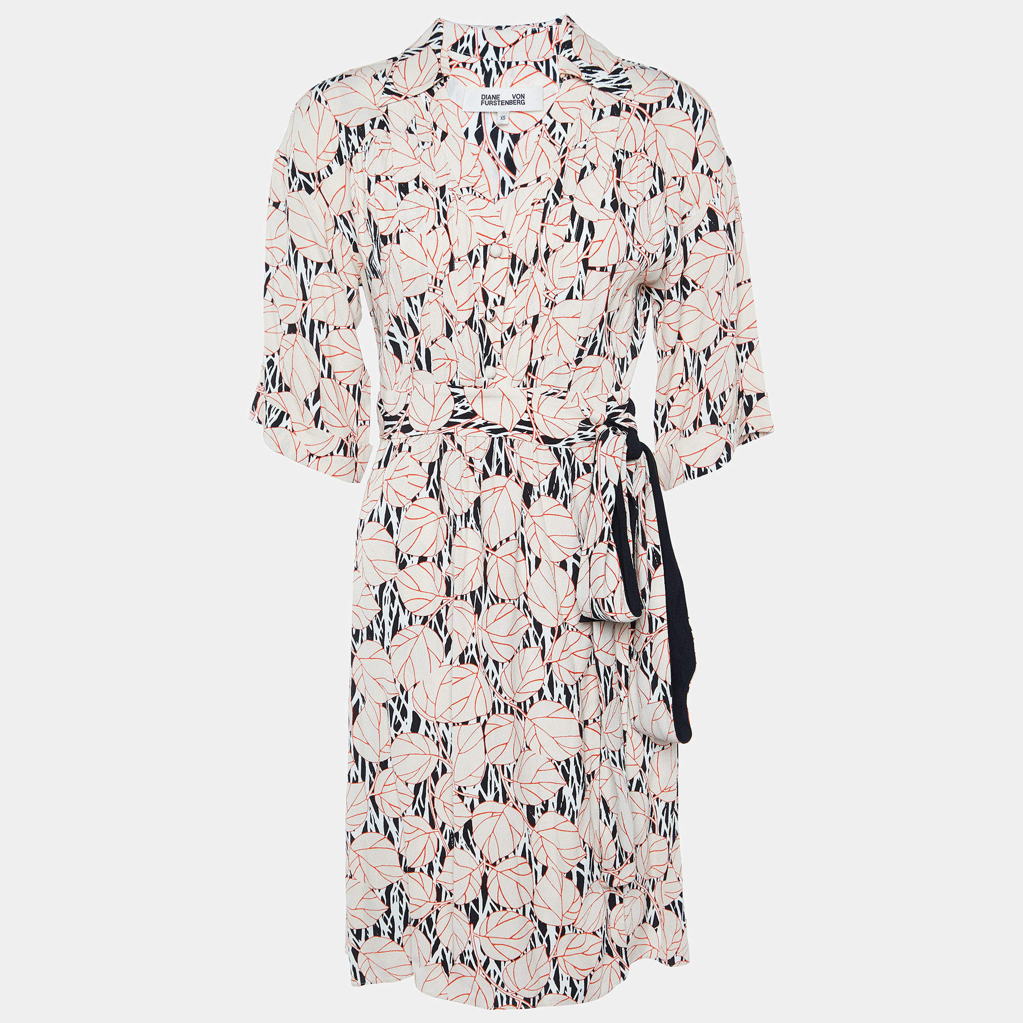 Pre Owned Diane Von Furstenberg Light Orange Print Crepe Wrap Mini Dress XS