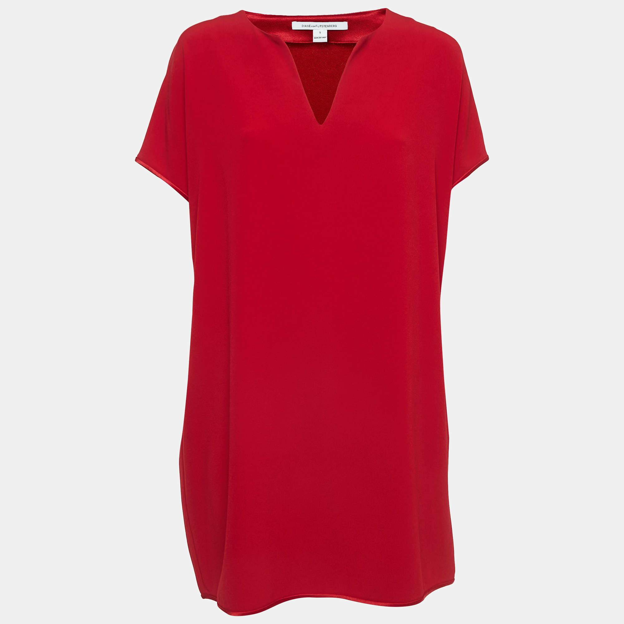 Pre Owned Diane Von Furstenberg Red Crepe V-Neck Mini Dress S
