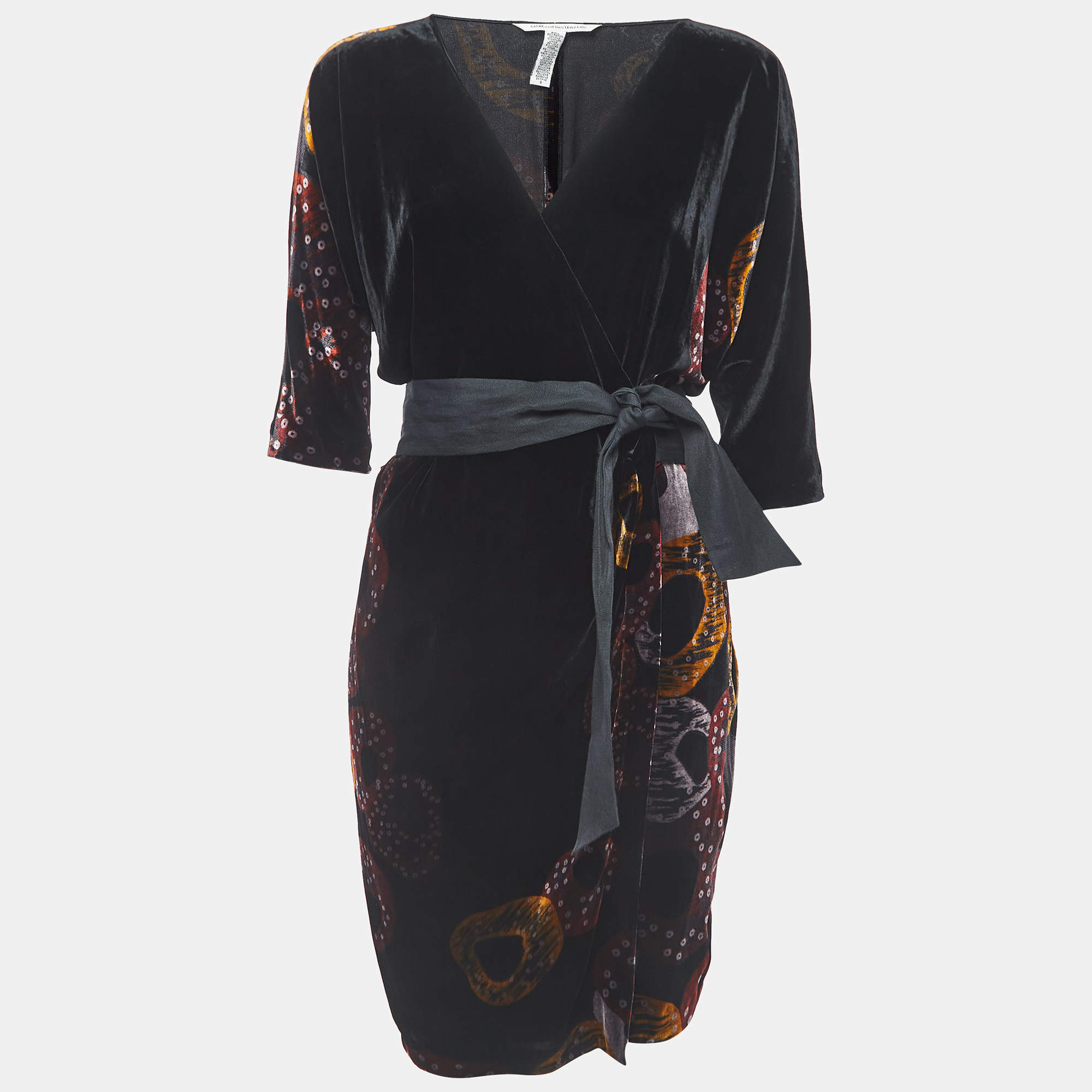 Pre Owned Diane Von Furstenberg Multicolor Velvet Printed Wrap Dress M