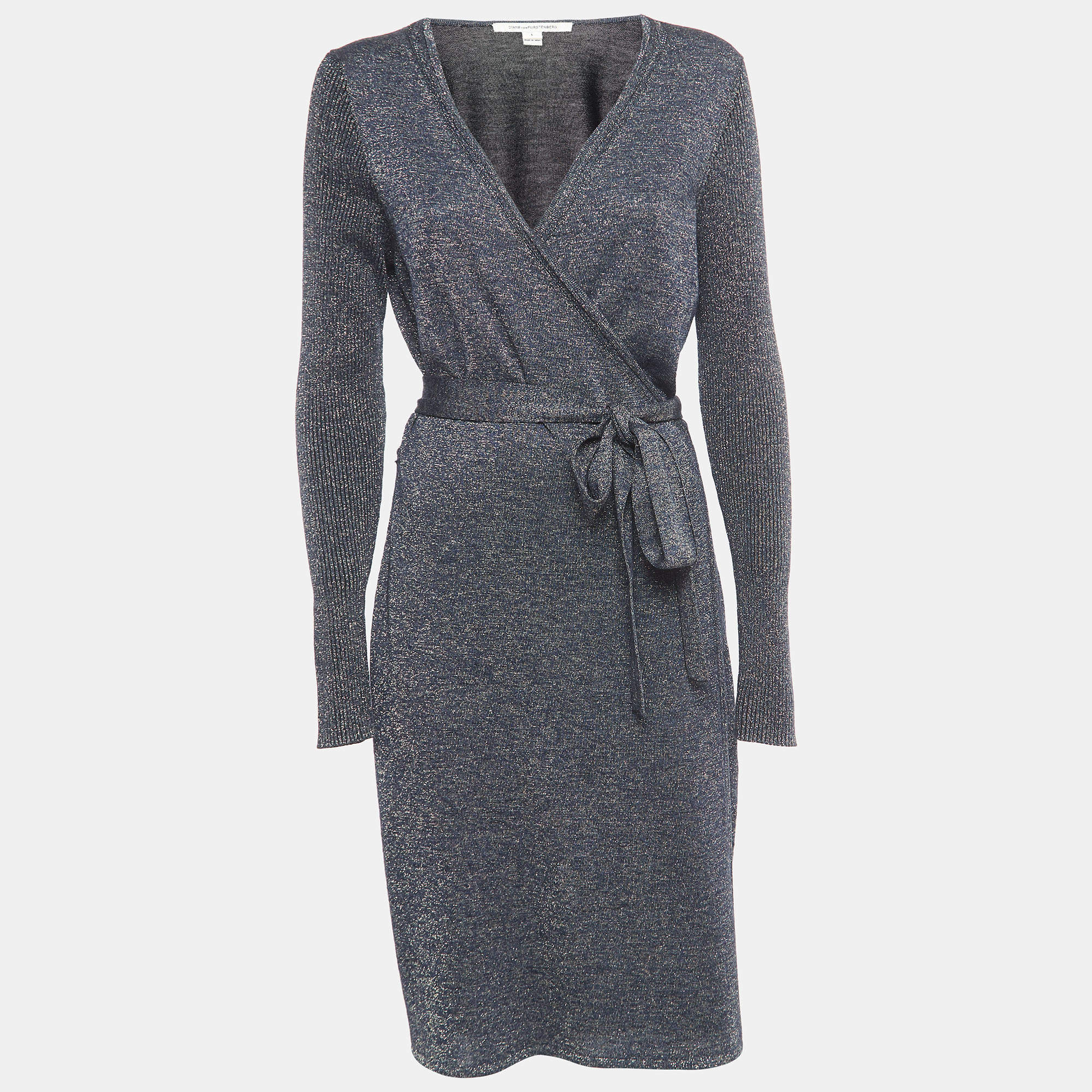 Pre Owned Diane Von Furstenberg Navy Blue Lurex Knit Evelyn Wrap Dress L
