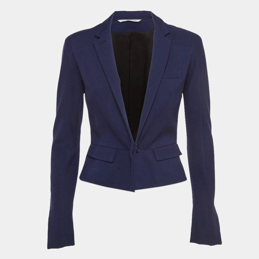 Pre Owned Diane Von Furstenberg Navy Blue Knit Single Breasted Reiko Blazer M