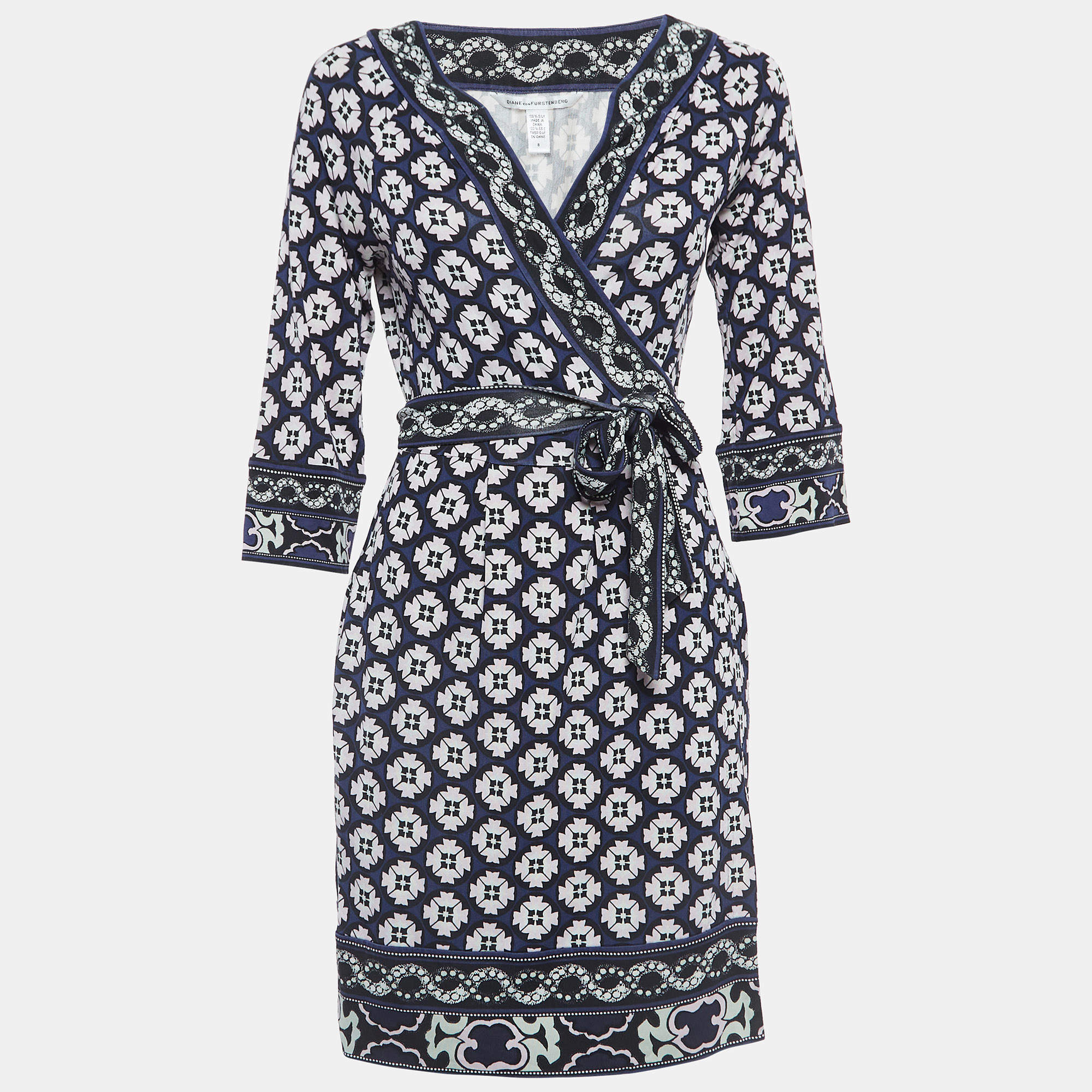 Diane Von Furstenberg Pink/Blue Printed Silk Wrap Midi Dress